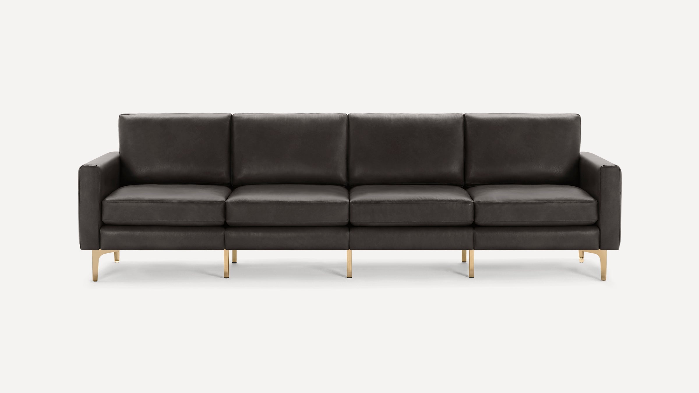 Modern black leather sofa with clean lines, four cushions, and gold metal legs on a plain white background.