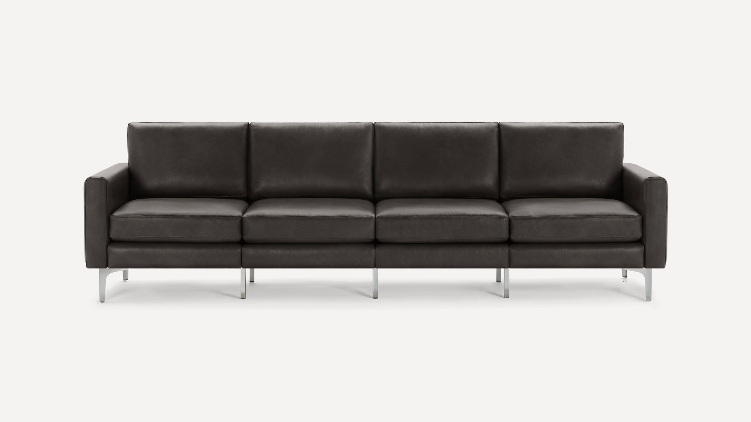 Modern four-seat dark brown leather sofa with clean lines and sleek metal legs, designed for contemporary living spaces.