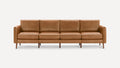 Four-seat mid-century modern sofa with straight arms, brown leather upholstery, and tapered wooden legs on white background.