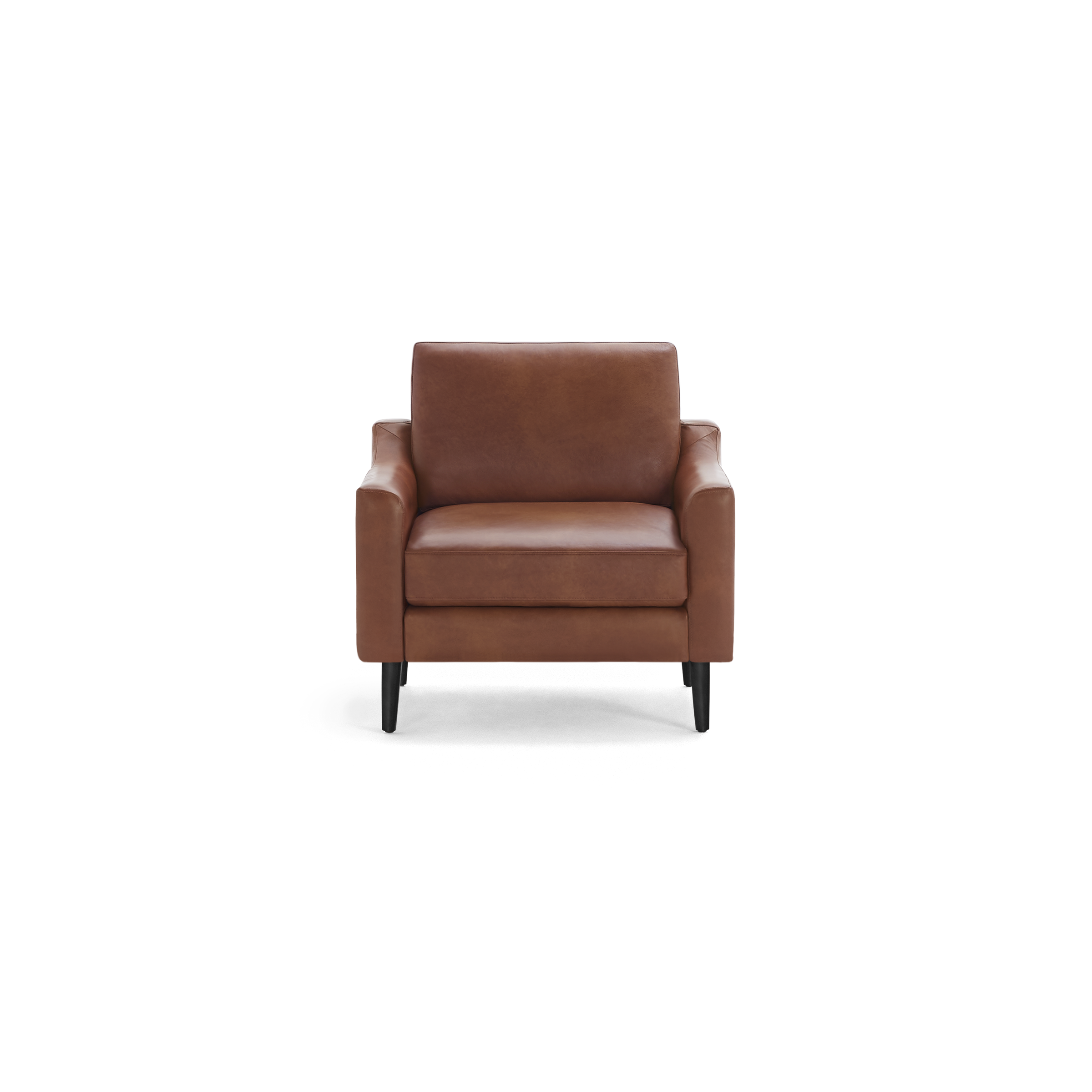 Front view of a brown leather armchair with cushioned seat and backrest, supported by black wooden legs.