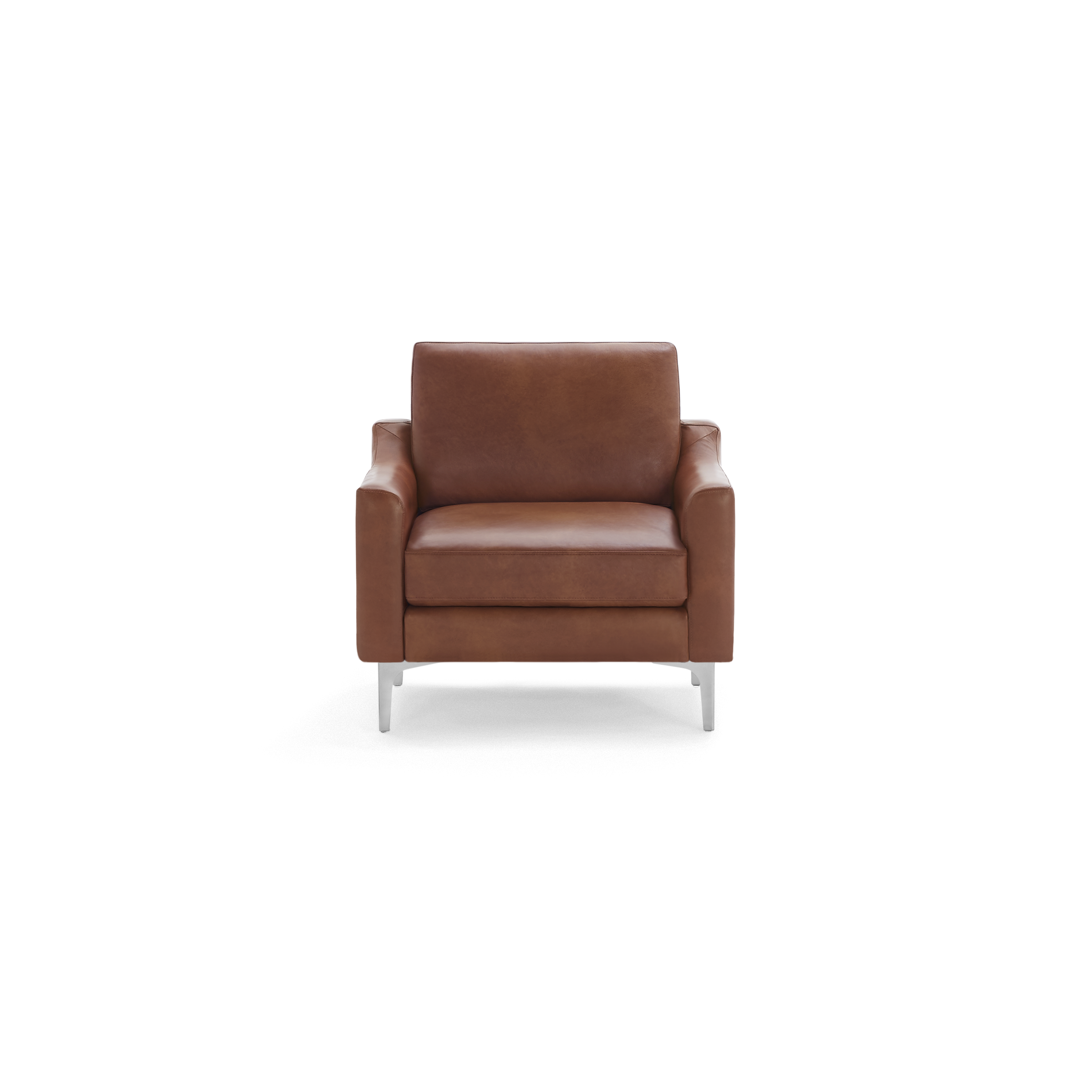 Modern single-seater armchair with brown leather upholstery, straight armrests, cushioned seat and backrest, supported by slim metal legs.