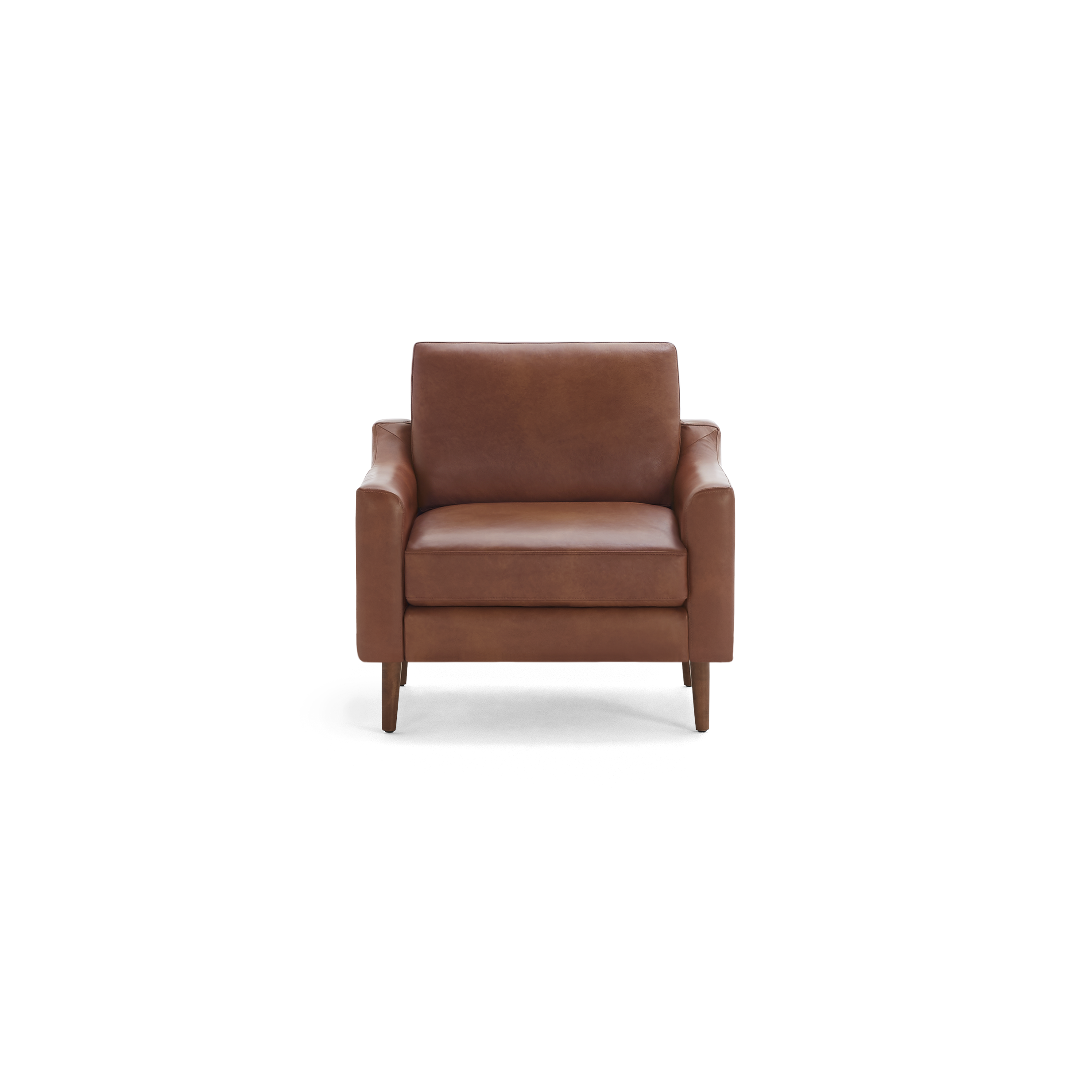 Mid-century modern brown leather armchair with cushioned seat, straight arms, and wooden tapered legs.