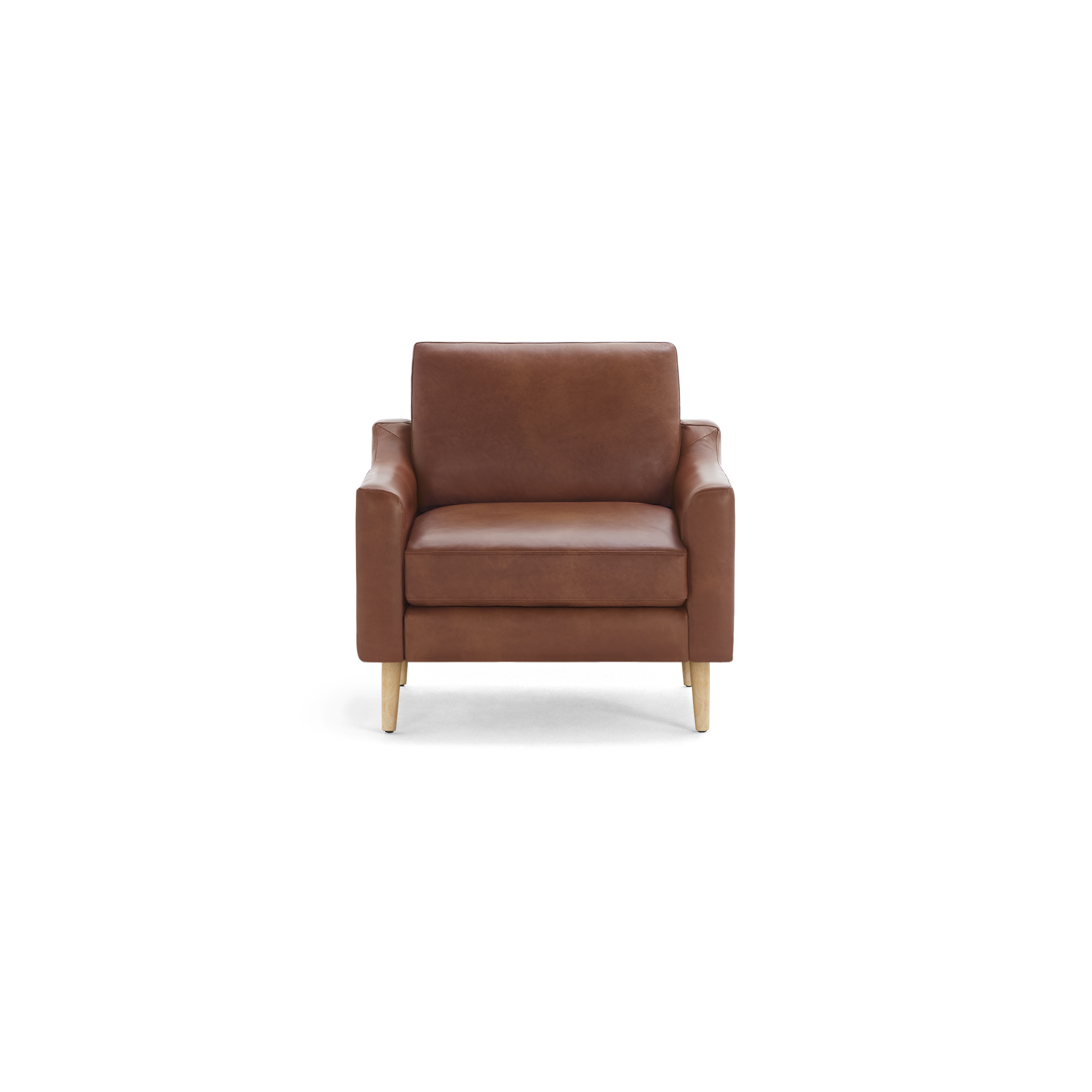 Front view of a brown leather armchair with straight arms and light wooden legs on a black background.
