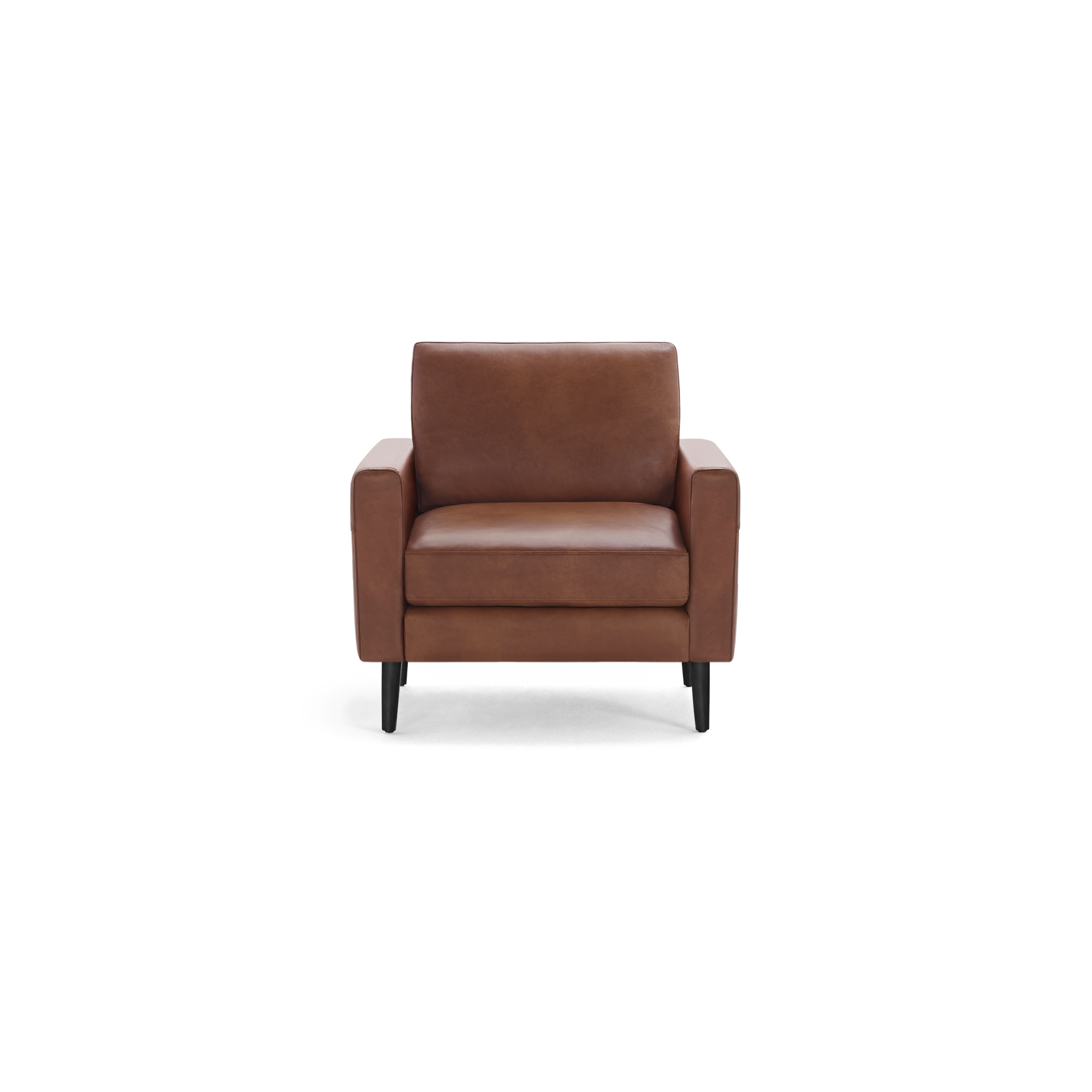 Front view of a modern brown leather armchair with square arms and black tapered legs on a transparent background.