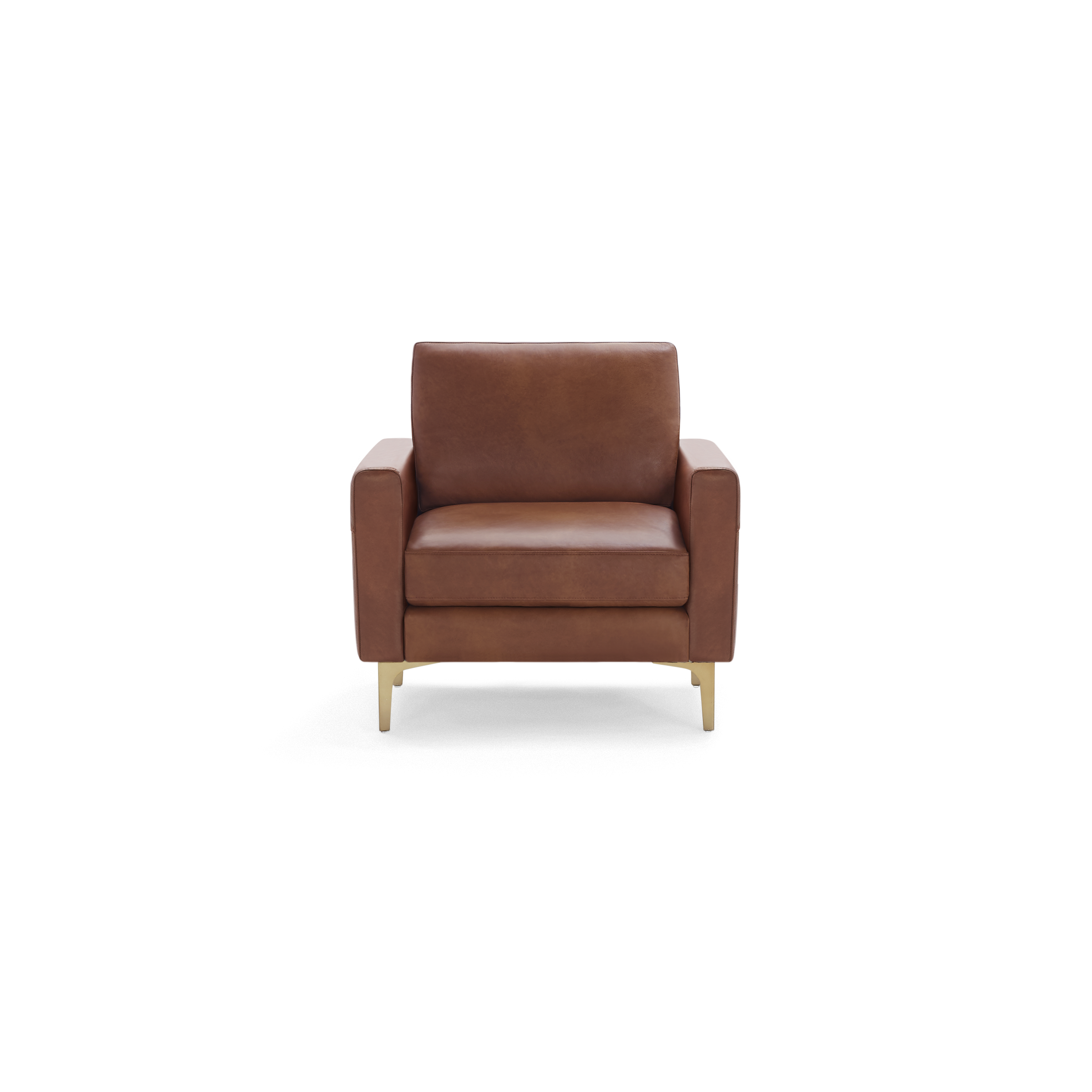 Modern brown leather armchair with straight arms, plush cushions, and gold metal legs, shown on black background.