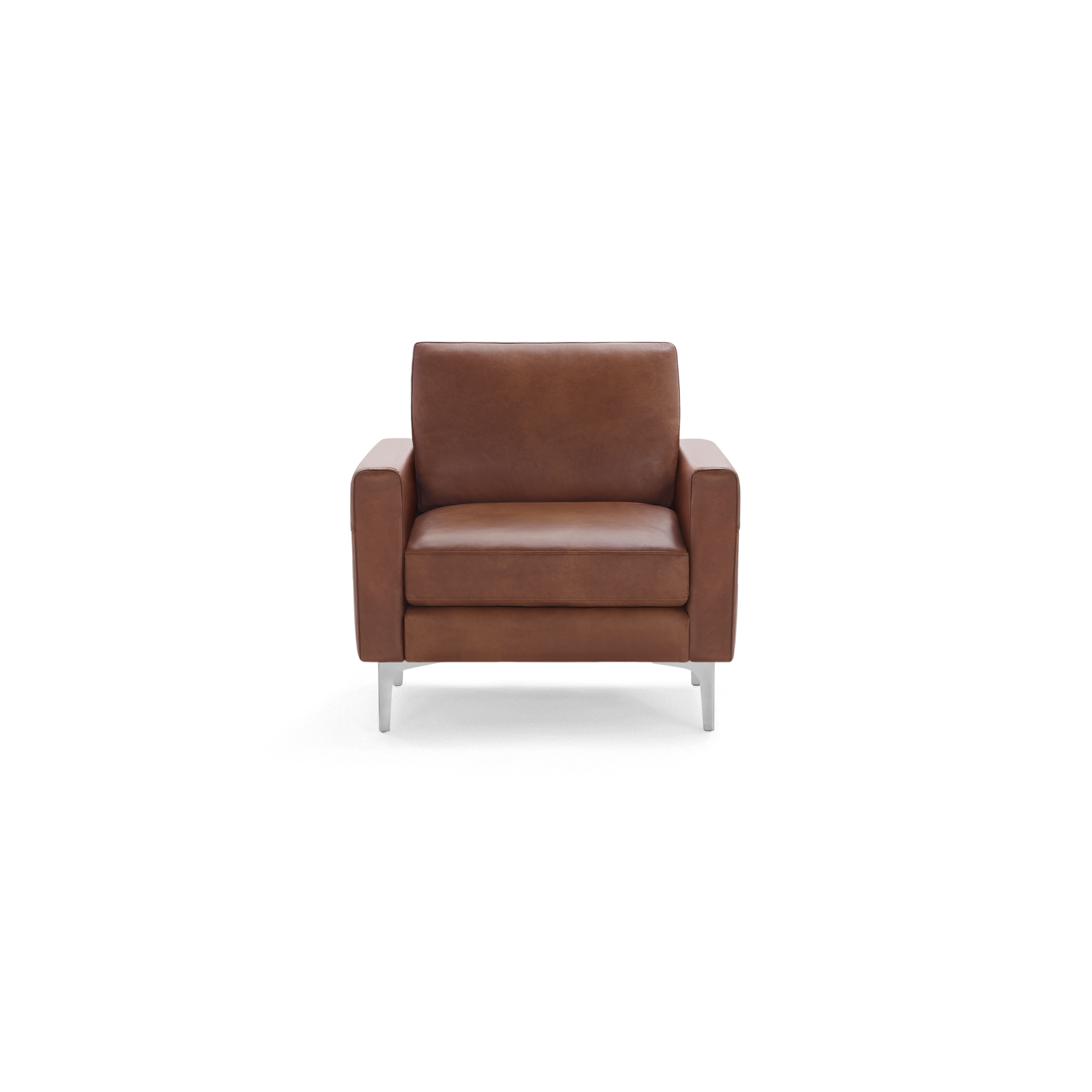 Front view of a modern brown leather armchair with square arms and metal legs on a black background.