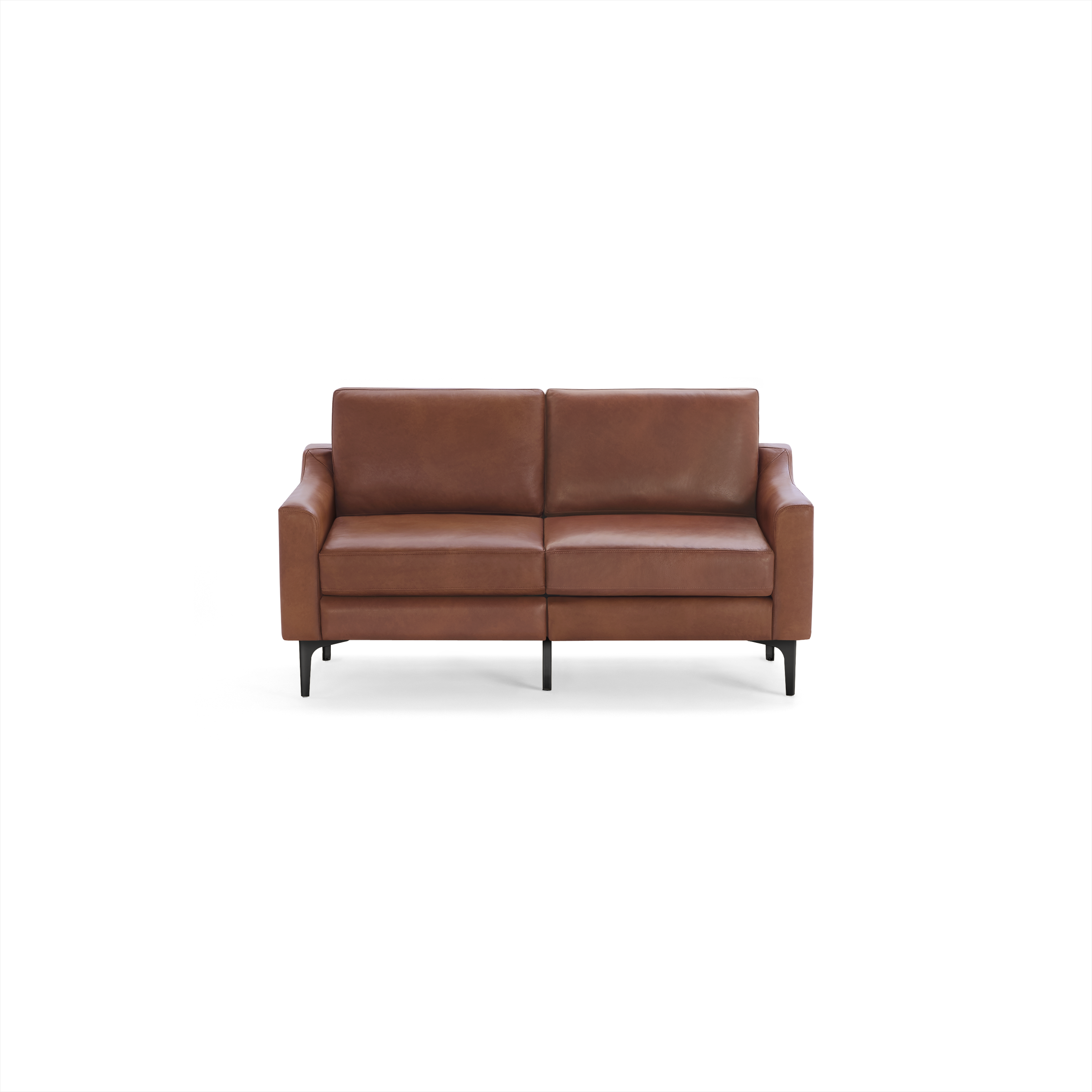 Modern two-seater sofa in smooth brown leather with straight arms and slim black metal legs, isolated on white background.