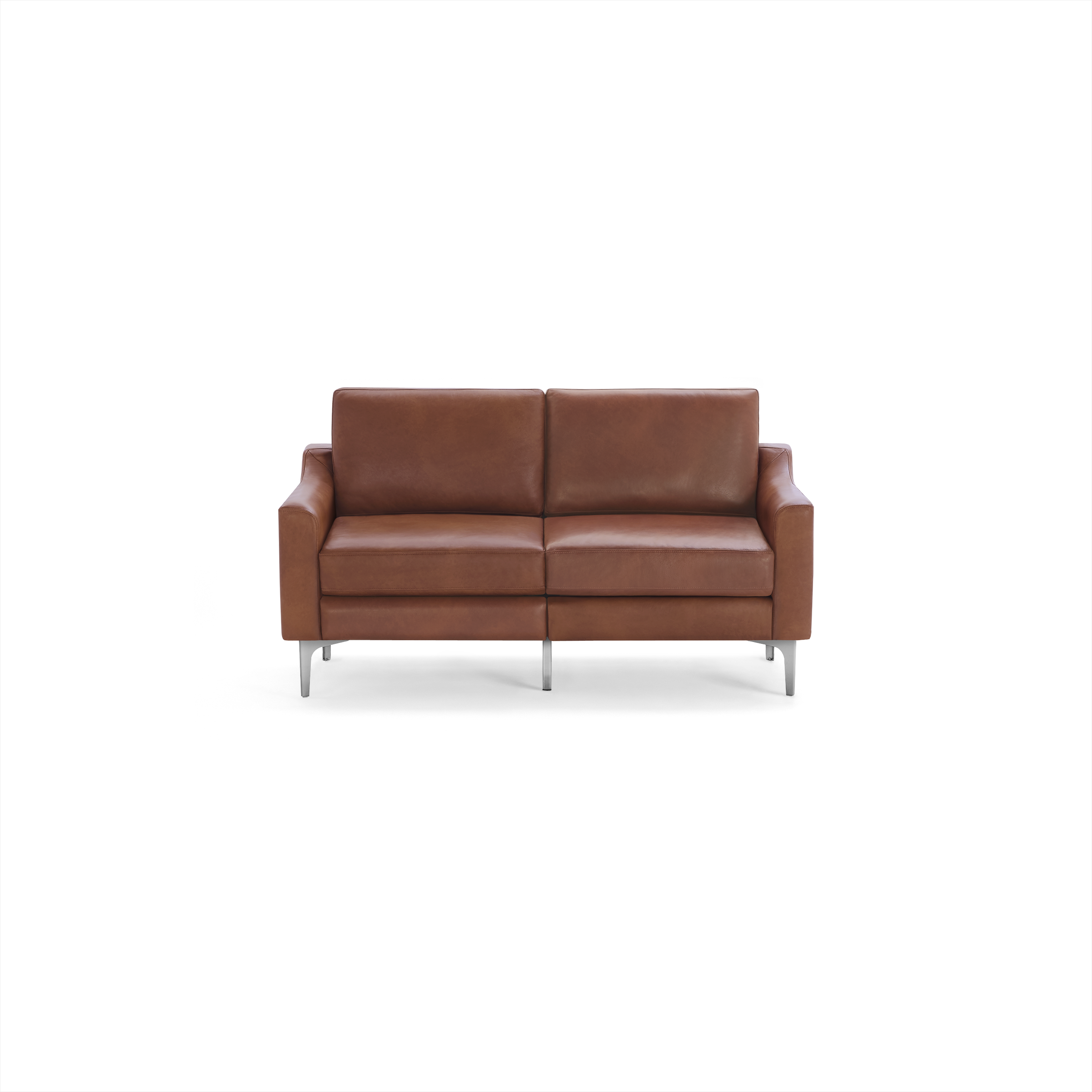 Brown leather two-seater sofa with modern, squared arms and sleek metal legs, displayed against a black background.