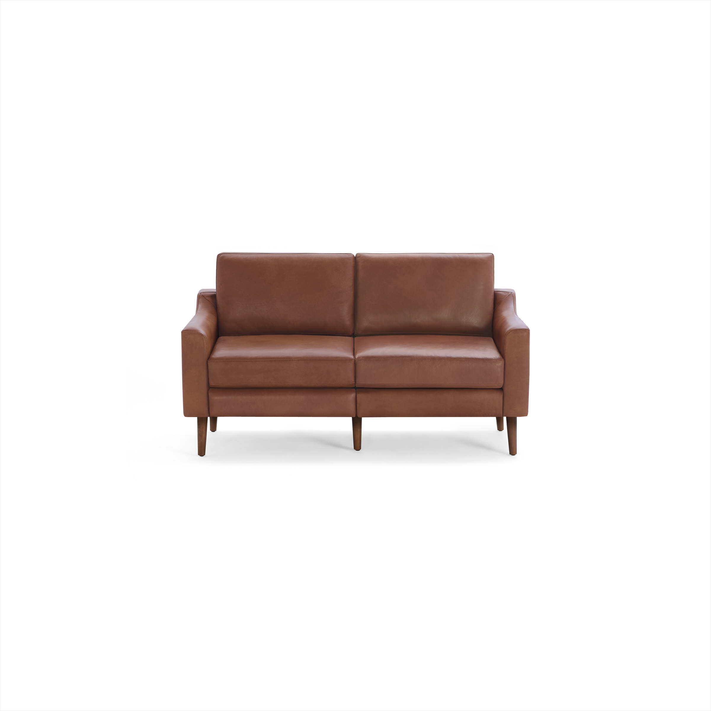 Mid-century style brown leather sofa with clean lines, wooden legs, and two seat and back cushions.