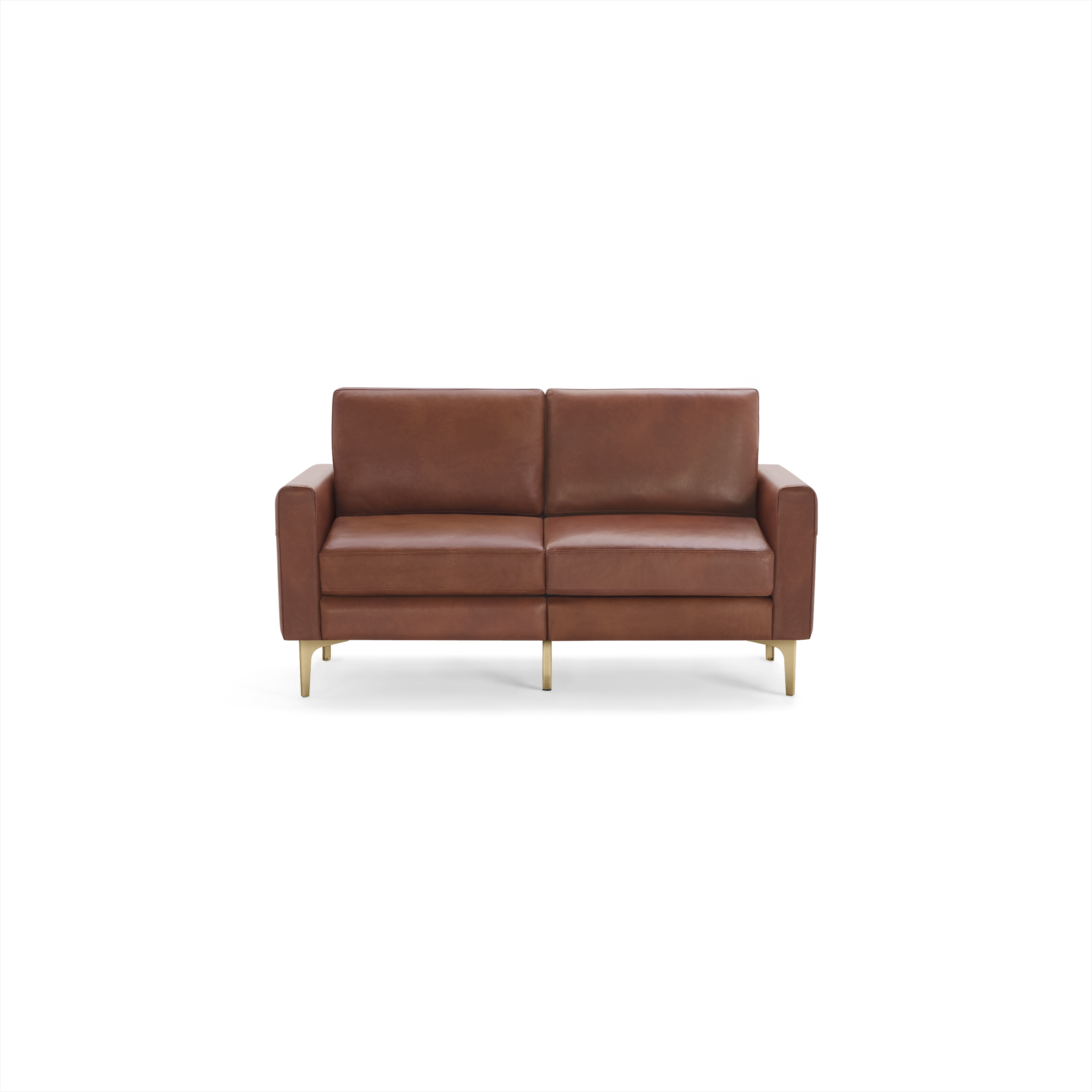 Two-seater modern sofa upholstered in brown leather with square arms and slim gold metal legs.