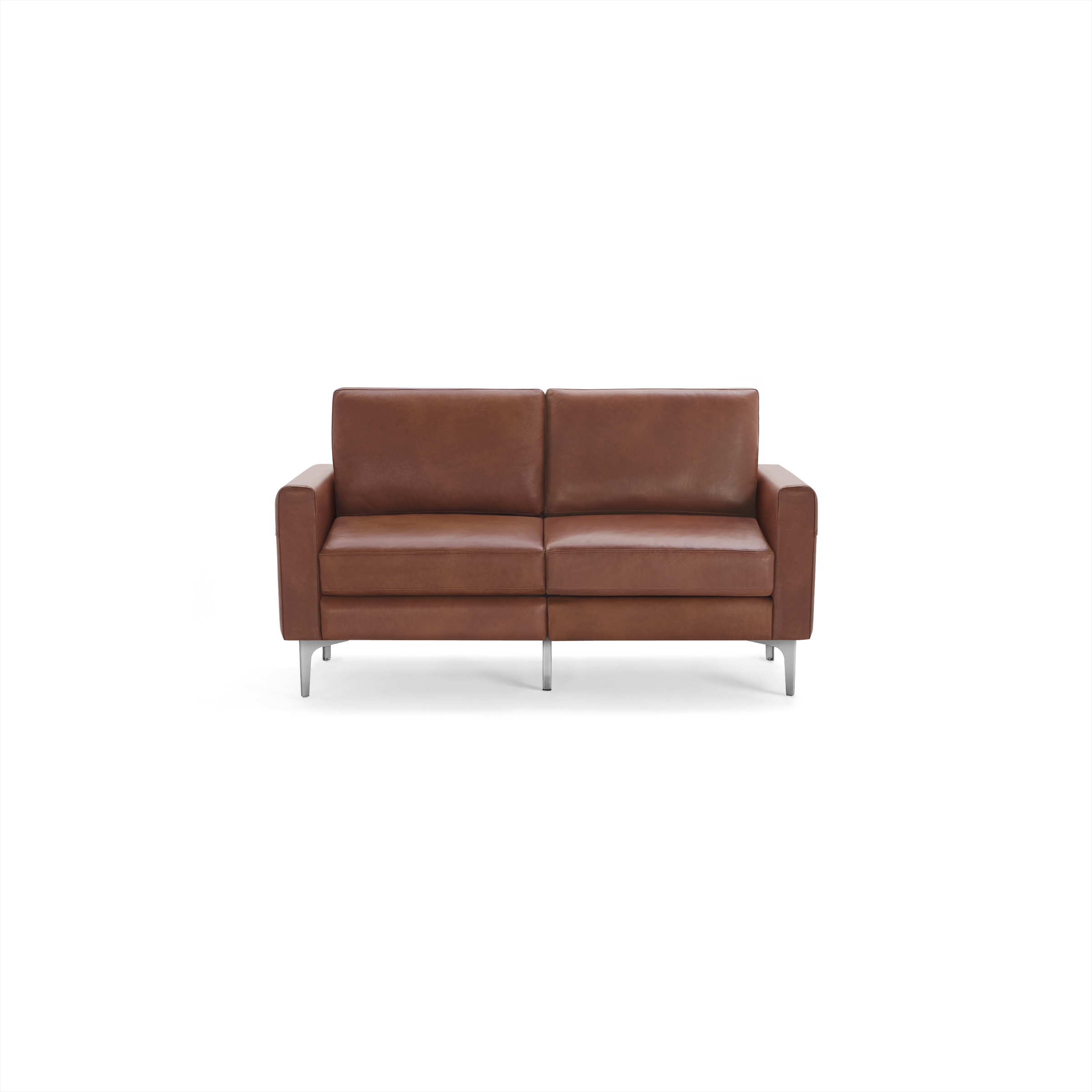 Modern two-seater sofa in brown leather with clean lines, square armrests, and silver metal legs on a black background.