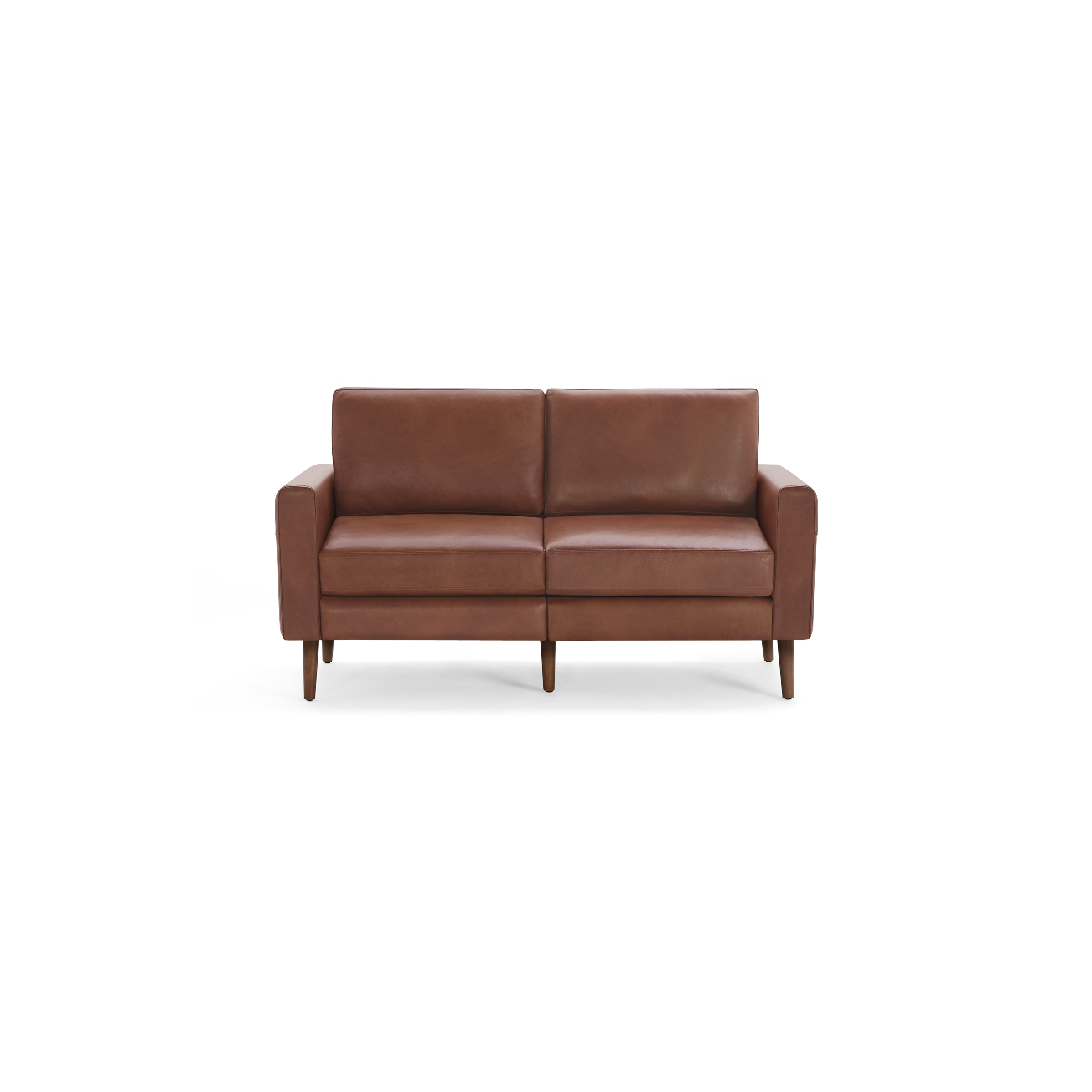 Modern two-seater sofa with brown leather upholstery and wooden legs, featuring clean lines and boxy armrests.
