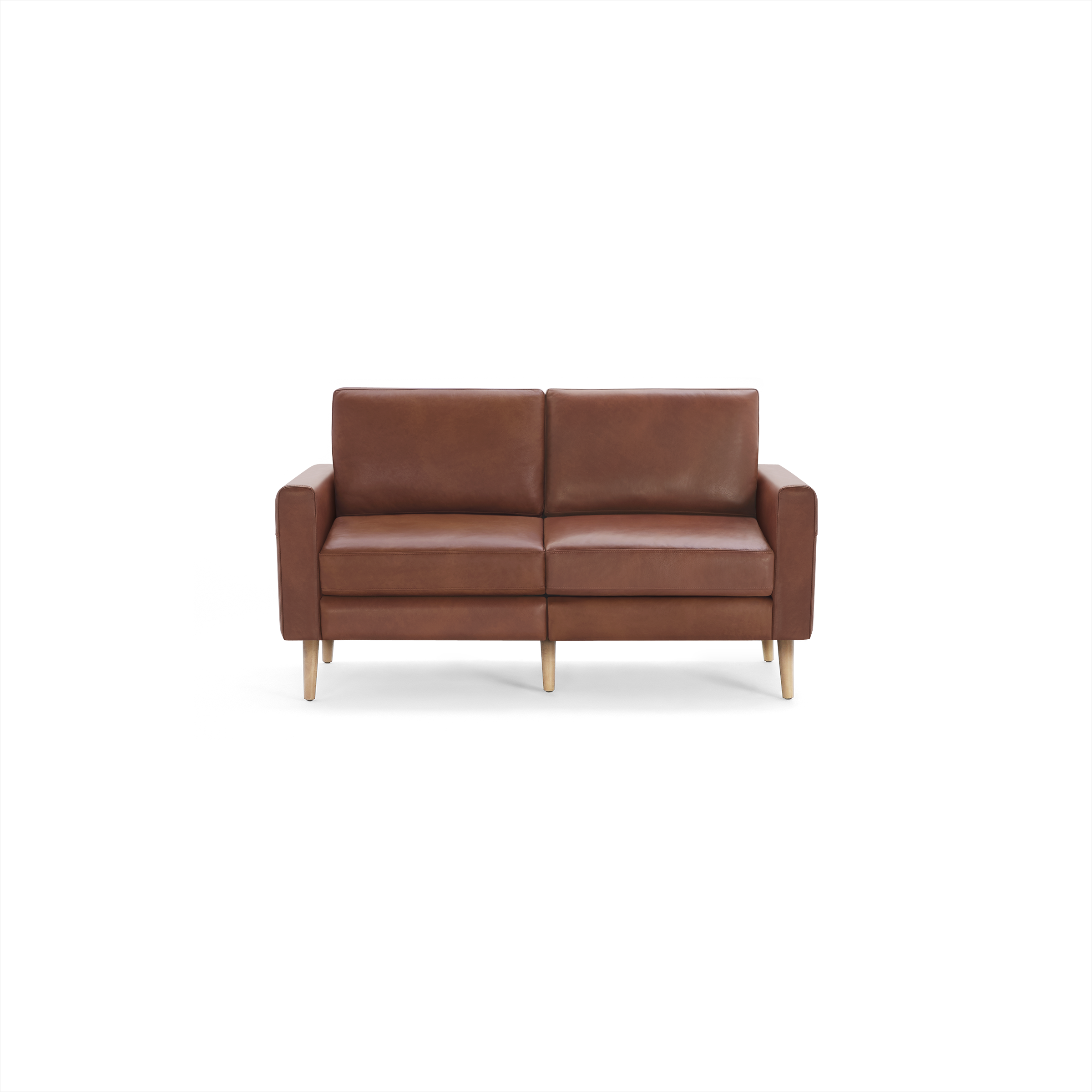Modern mid-century brown leather two-seater sofa with clean lines, square arms, and wooden angled legs on a white background.