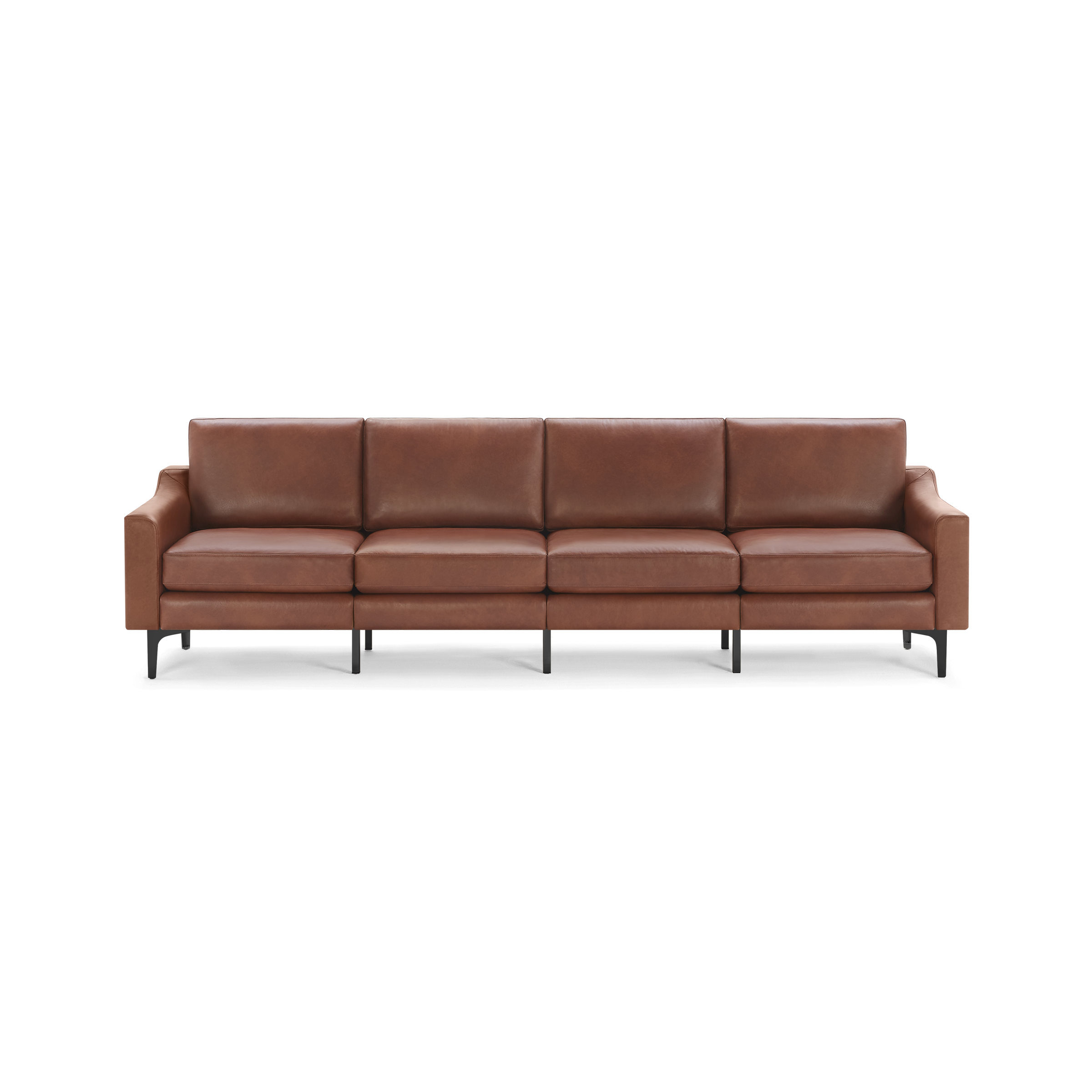 Four-seater modern brown leather sofa with clean lines, cushioned seats and backrests, and black metal legs.