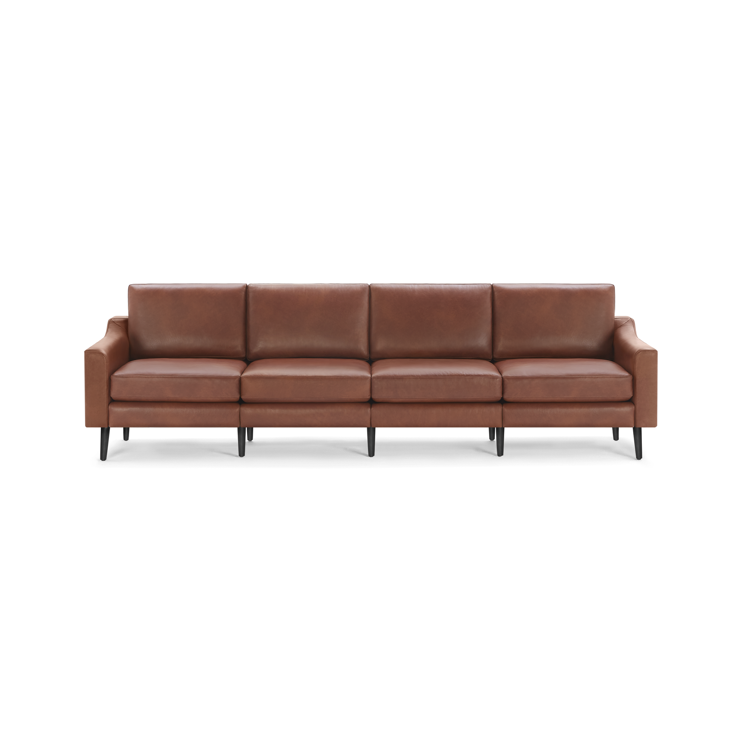 Brown leather four-seater sofa with clean lines, cushioned seats, and black tapered wooden legs, isolated on black background.
