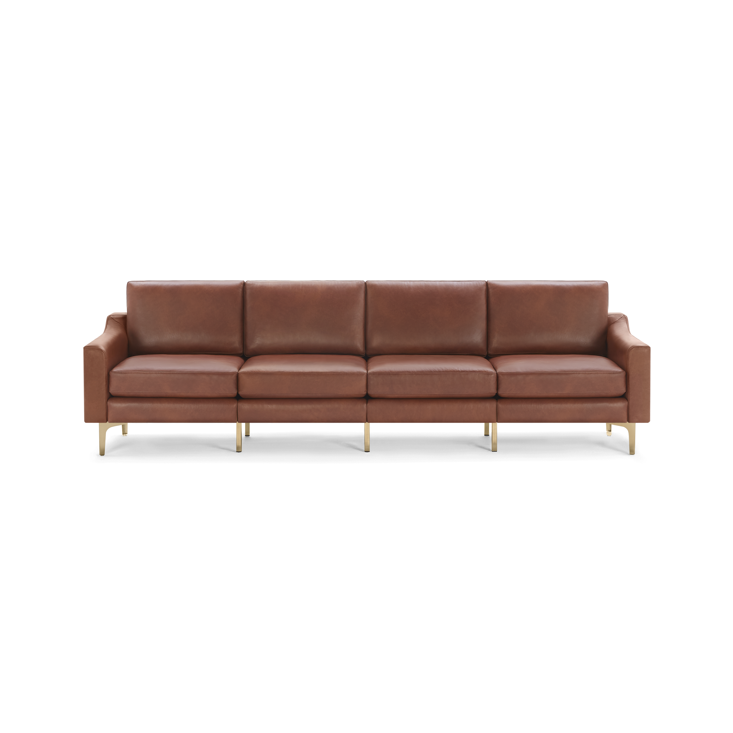 Long luxurious brown leather sofa with four seat cushions, straight arms, and gold metal legs.