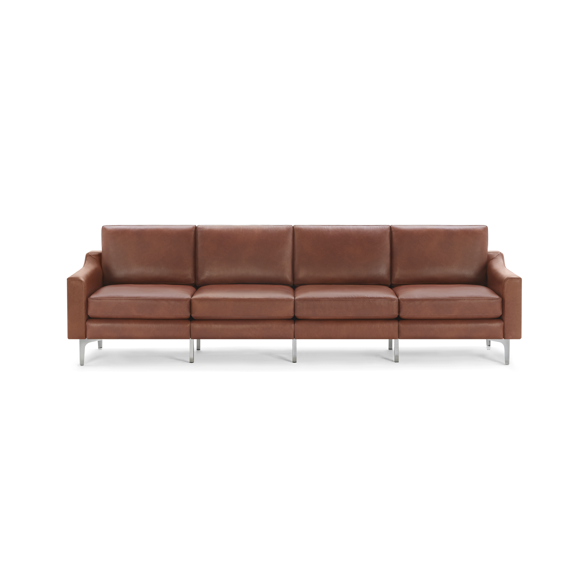 Modern four-seater sofa with brown leather upholstery, straight arms, cushioned seats, and metal legs on a transparent background.