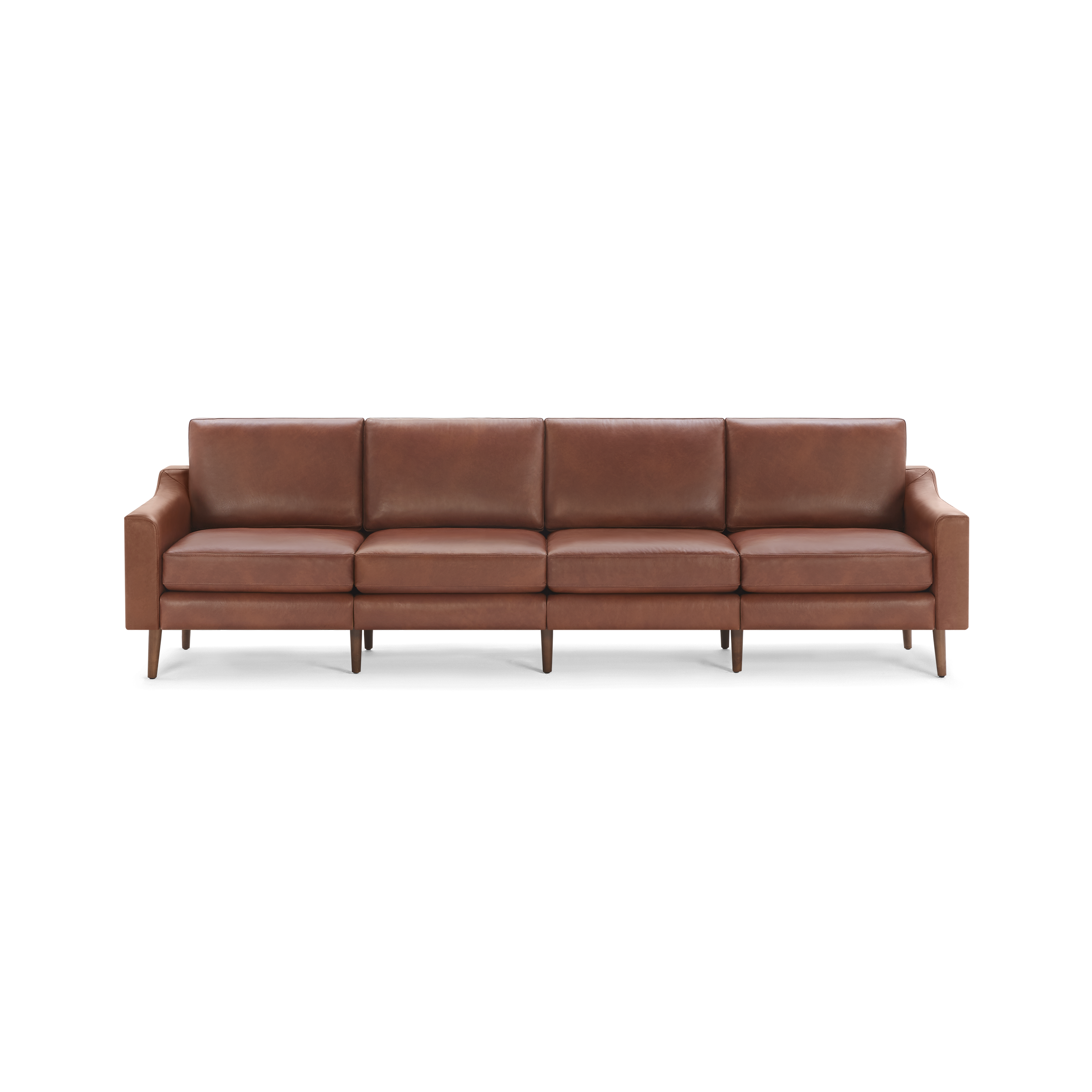 Mid-century modern style large four-seater sofa with brown leather upholstery and wooden legs, clean lines, and square armrests.