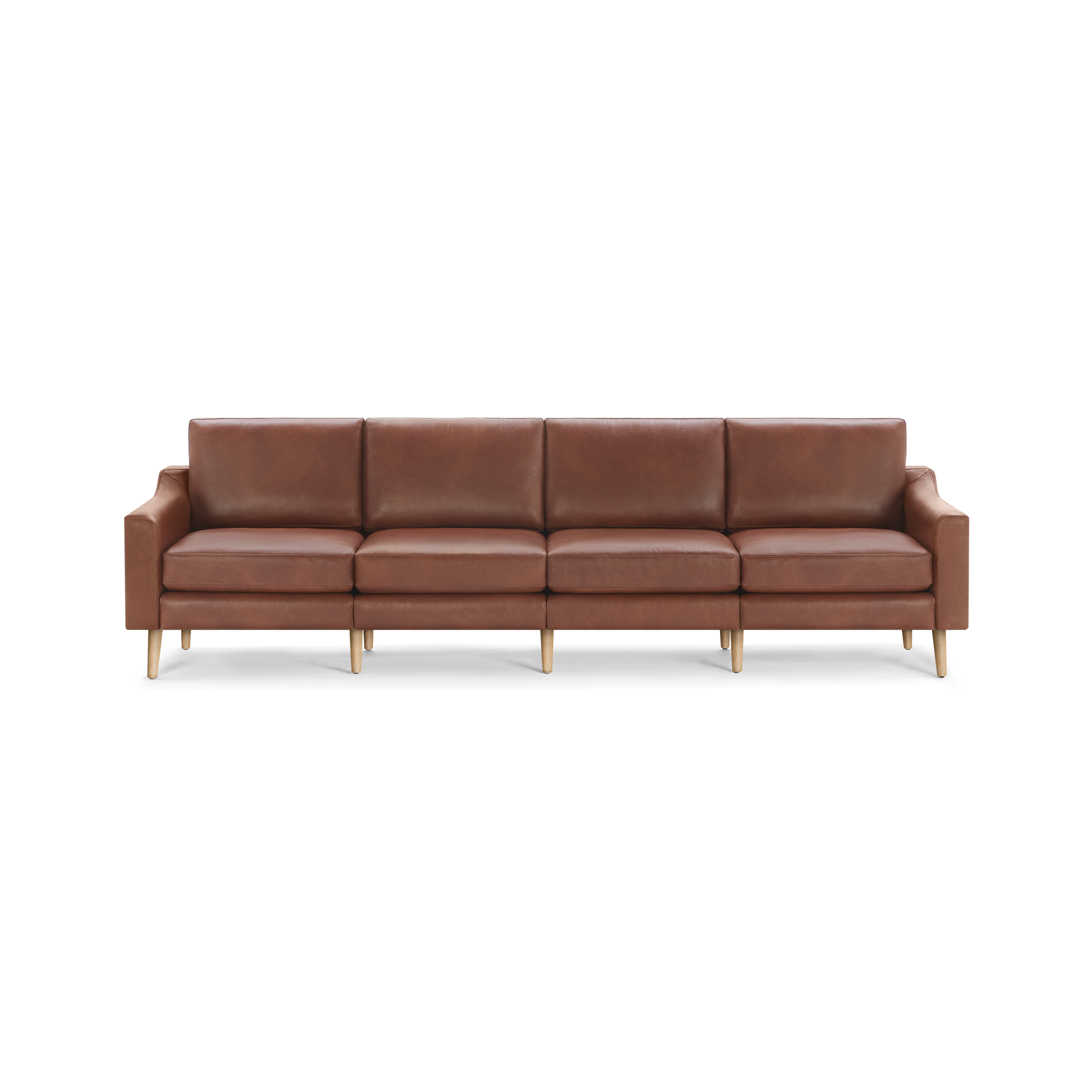 Brown leather four-seater sofa with wooden legs, featuring clean lines and a modern, minimalist design.