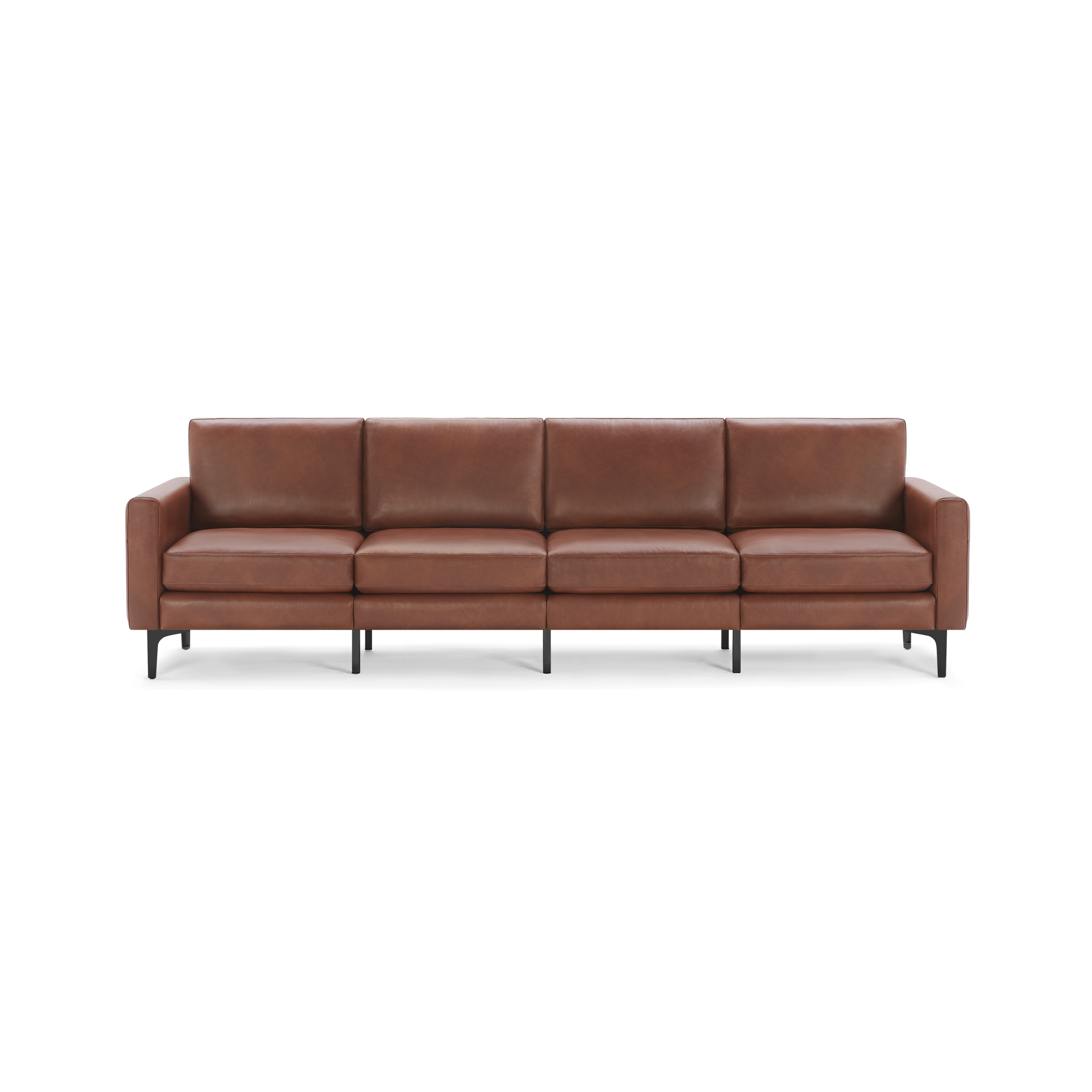 Modern four-seater brown leather sofa with sleek armrests and black metal legs, featuring plush cushions and a minimalist design.