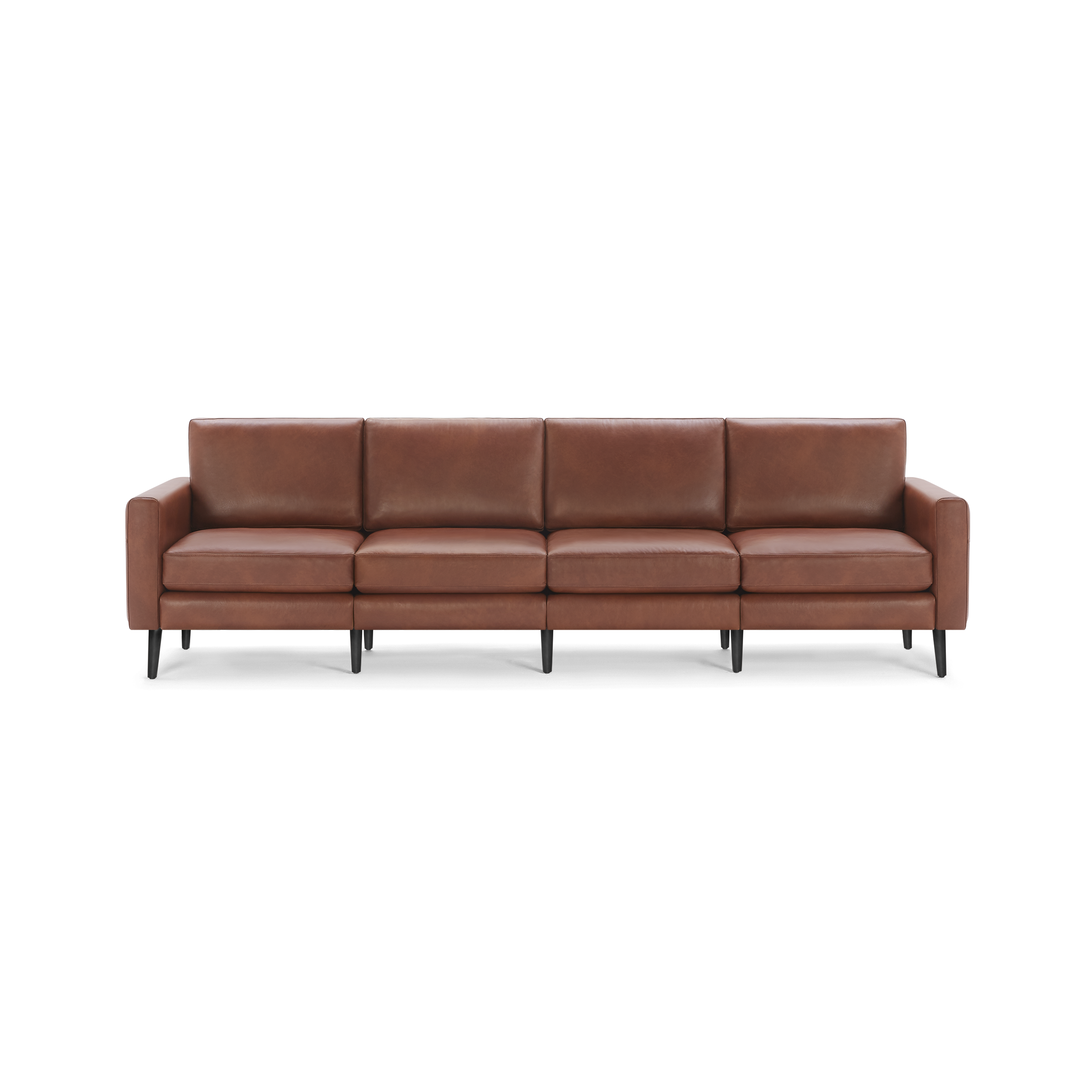 Long modern brown leather sofa with four seats, straight arms, cushioned backrests, and black tapered legs.
