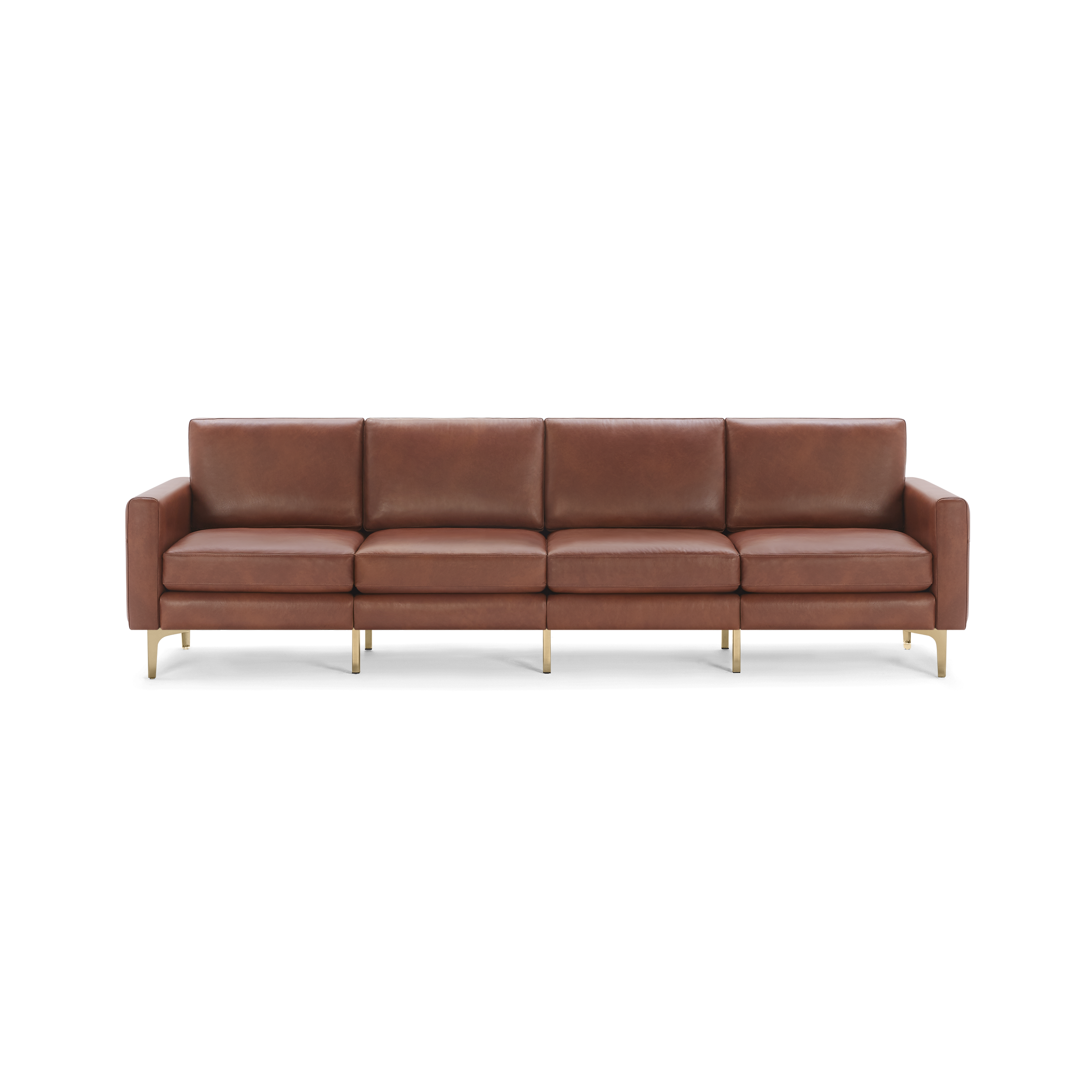 Modern four-seater sofa upholstered in rich brown leather with sleek armrests and gold metal legs, minimalist design.