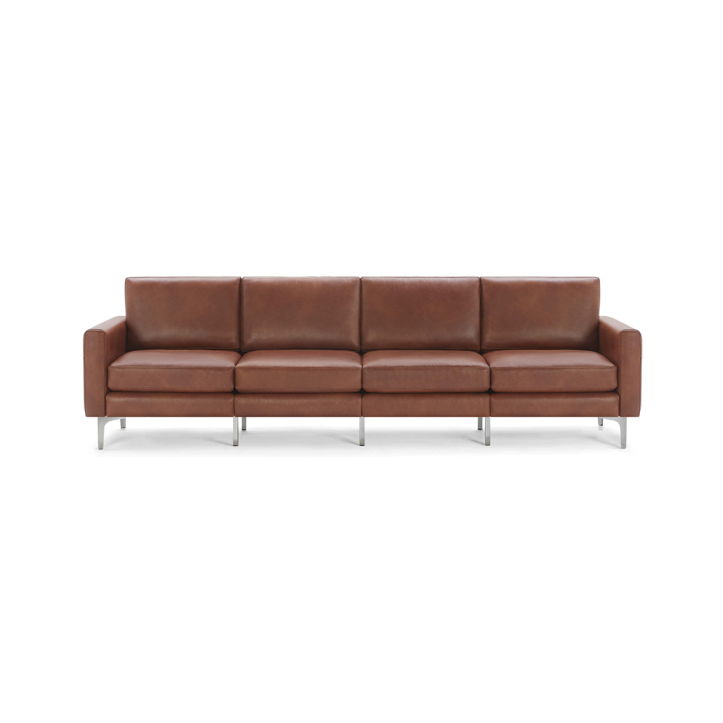 Modern brown leather four-seater sofa with straight arms and metal legs, featuring cushioned seats and backrests.
