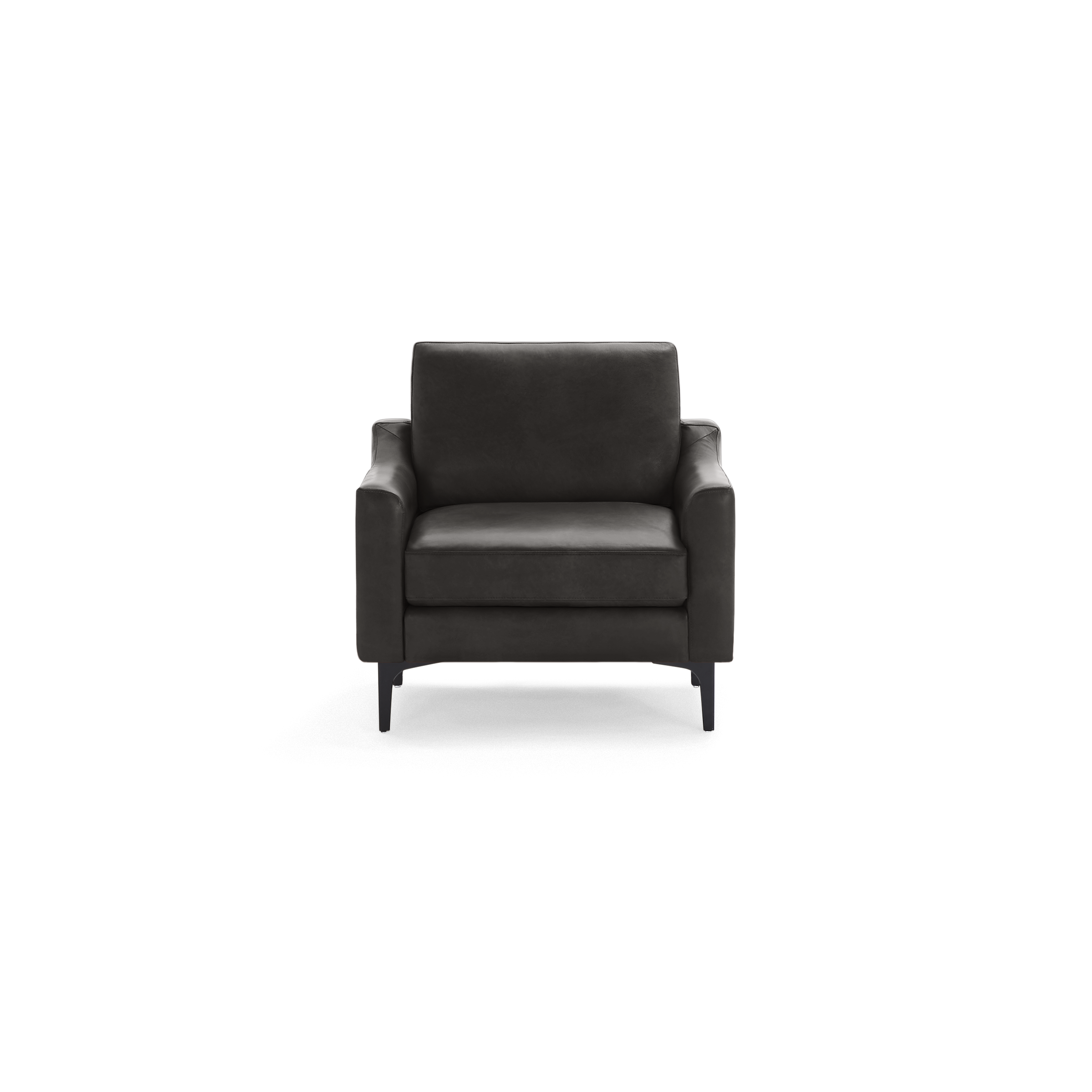 Dark gray modern armchair with clean lines, cushioned seat and backrest, and slim black metal legs.