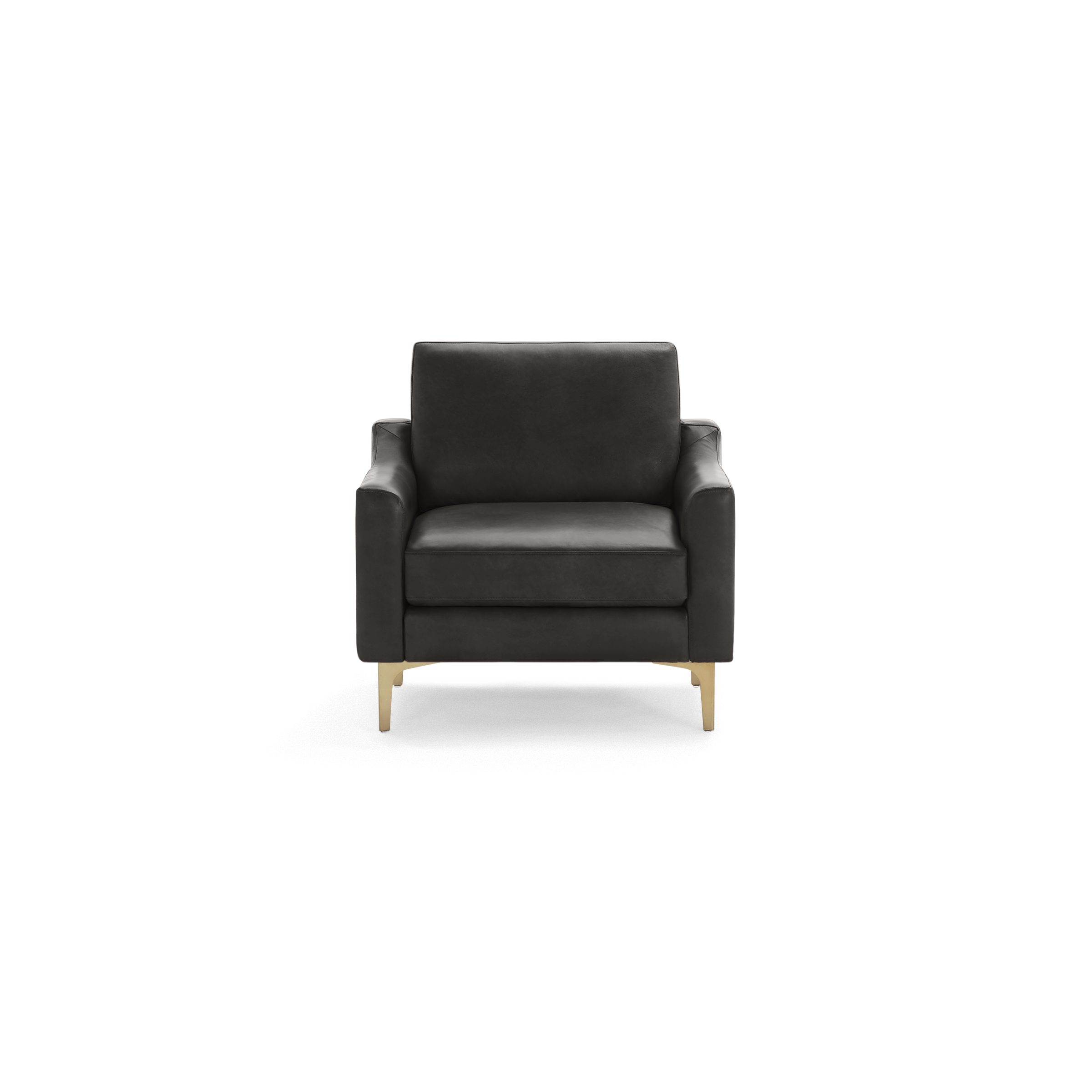 Modern black leather armchair with clean lines, cushioned seat and backrest, supported by four sleek gold metal legs.