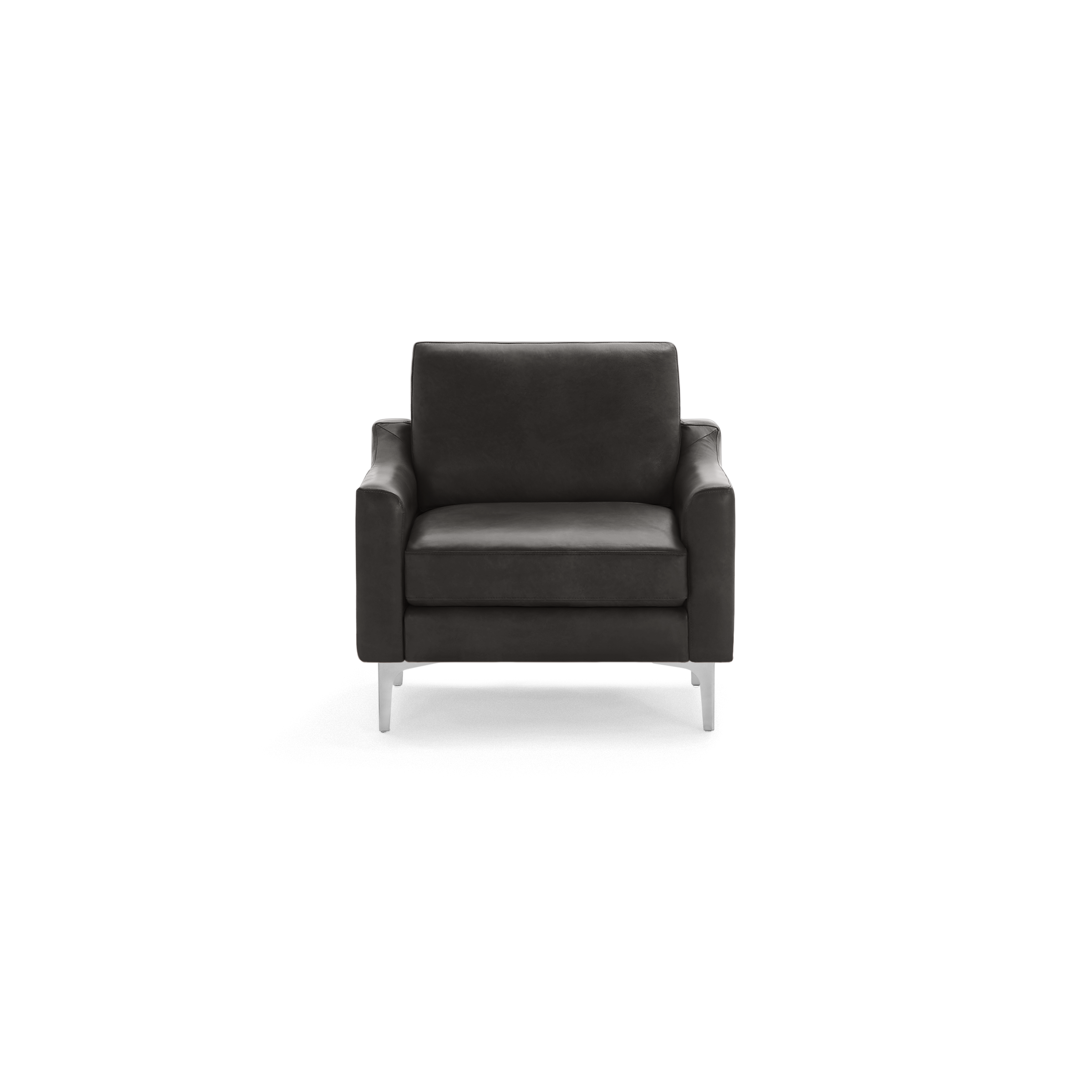 Modern dark gray leather armchair with cushioned backrest and seat, featuring slim metal legs for a sleek look.