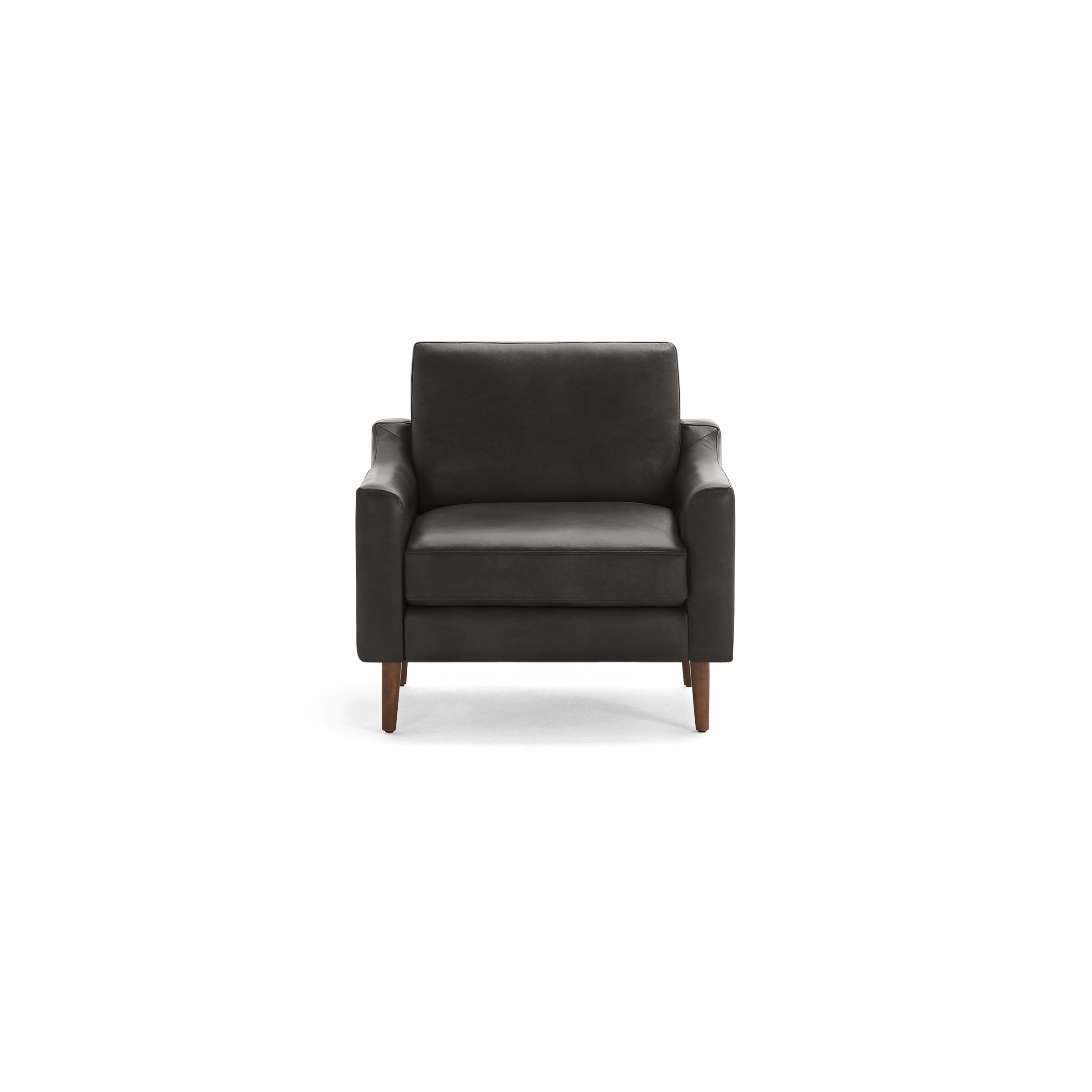 Dark gray leather armchair with straight arms, cushioned seat and backrest, supported by four wooden legs.