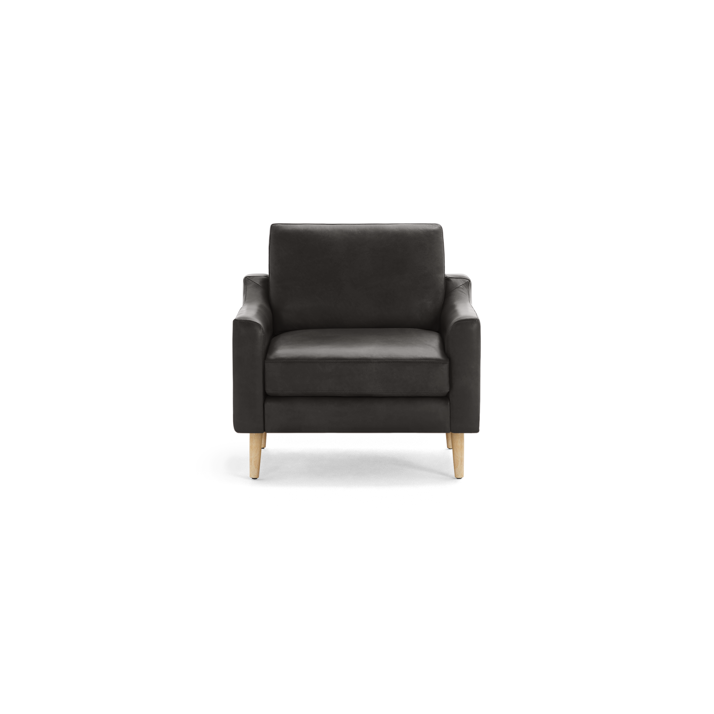 Modern black leather armchair with cushioned seat and backrest, featuring wooden legs and padded armrests.