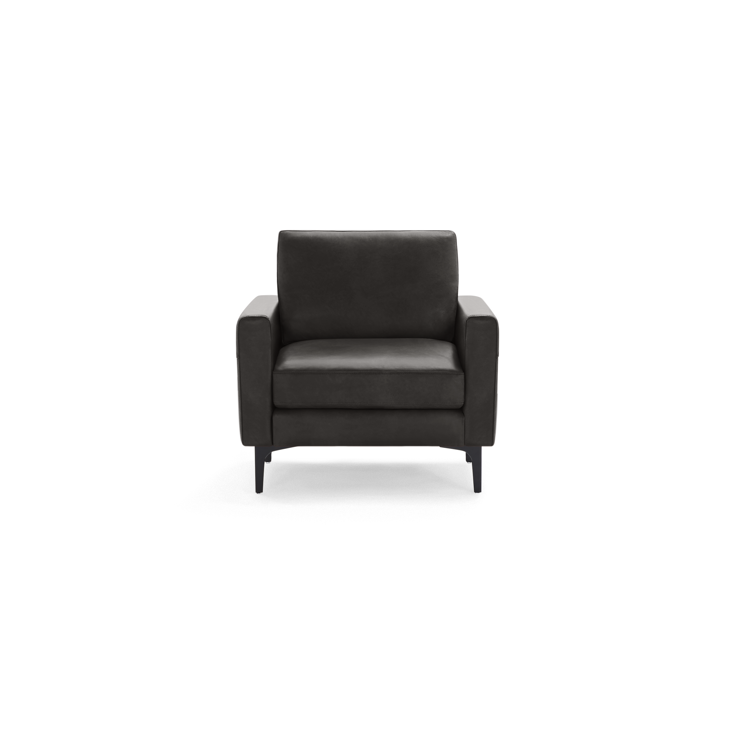 Front view of a modern gray armchair with squared arms and slim black metal legs on a transparent background.
