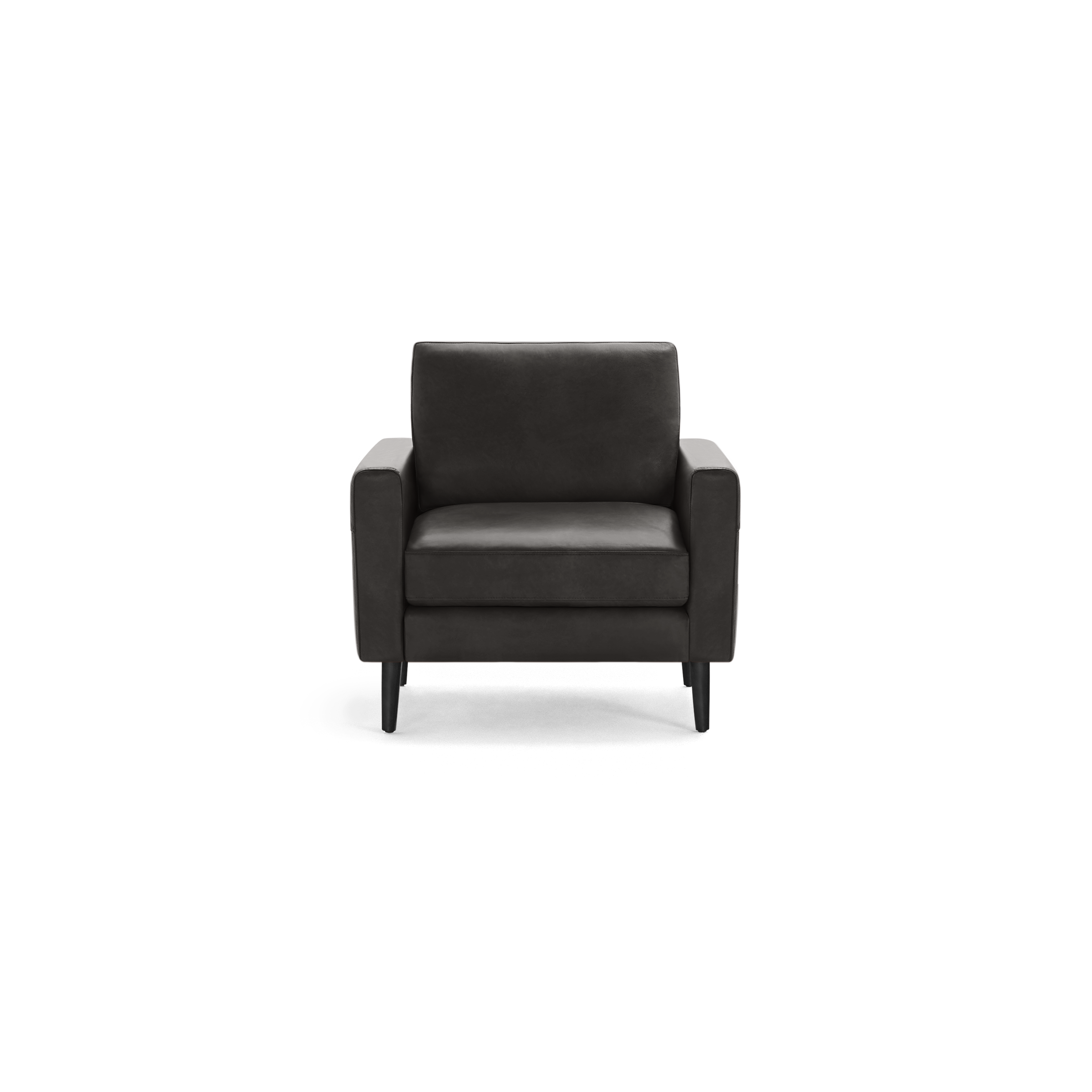 Dark gray modern leather armchair with straight arms and black tapered wooden legs, shown front view on a black background.