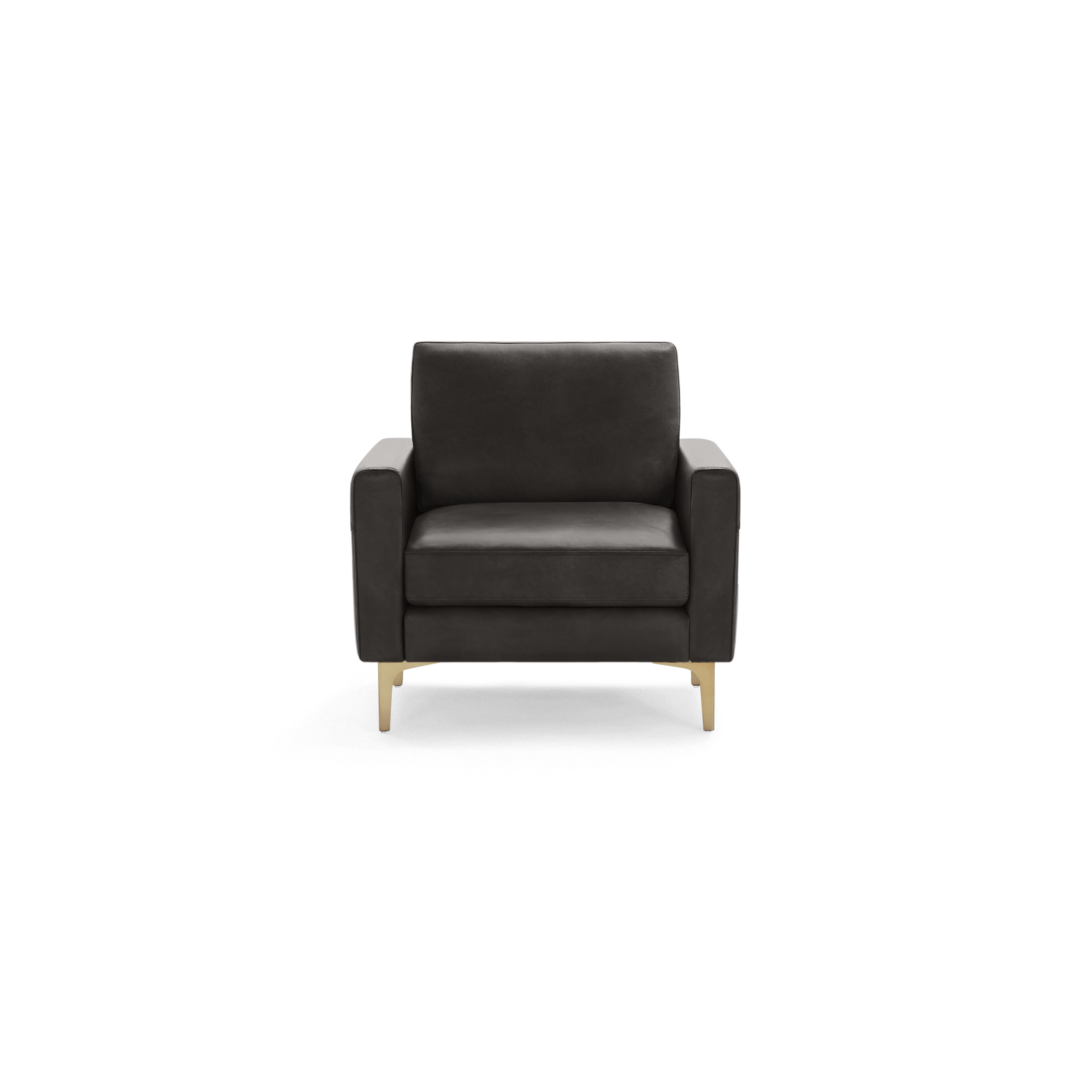 Modern dark gray armchair with square armrests and gold metallic legs, shown from the front on a black background.