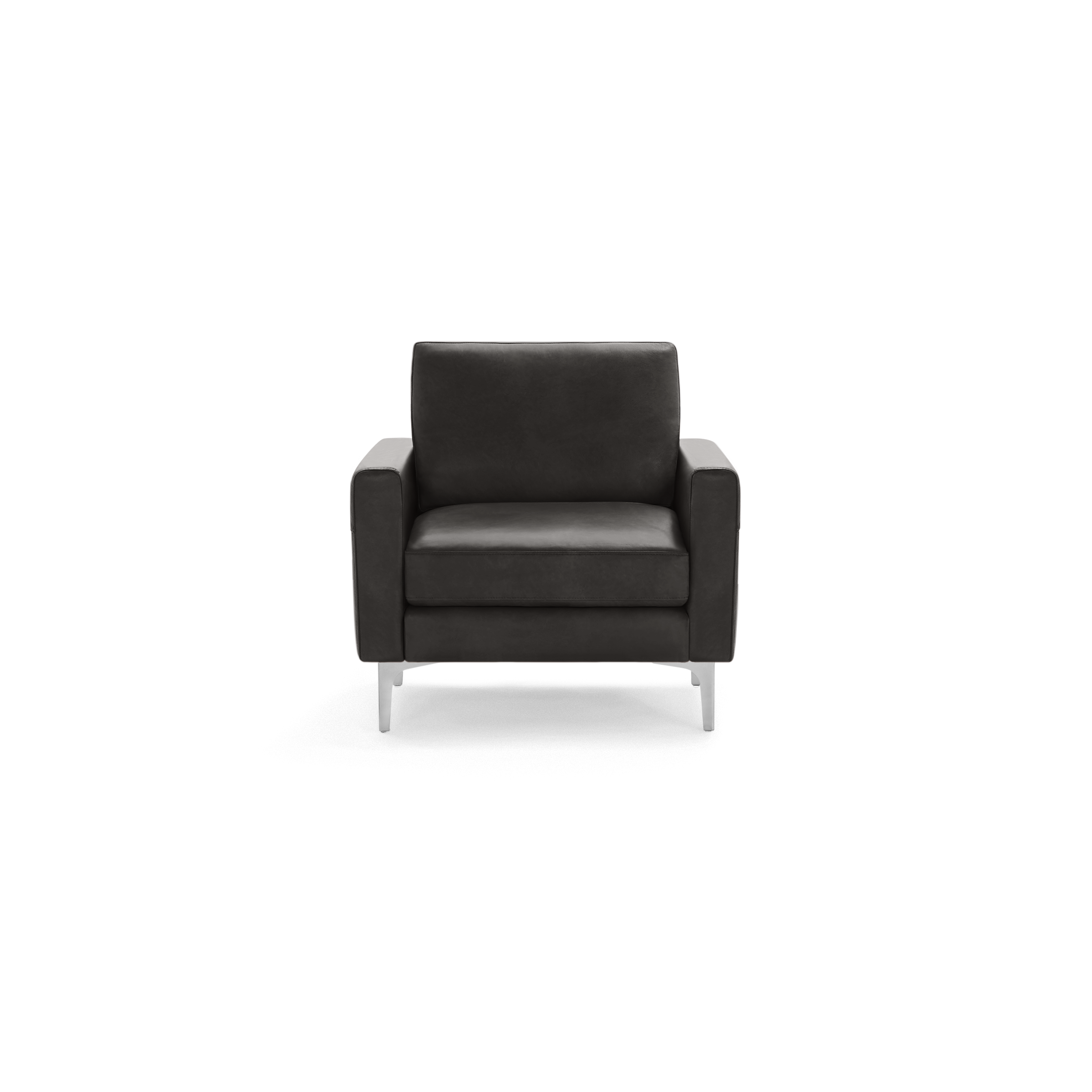 Modern dark gray leather armchair with cushioned seat, straight armrests, and silver metal legs, shown against black background.