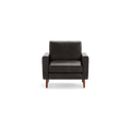 Modern dark gray upholstered armchair with wooden legs, featuring a cushioned seat, backrest, and squared armrests.