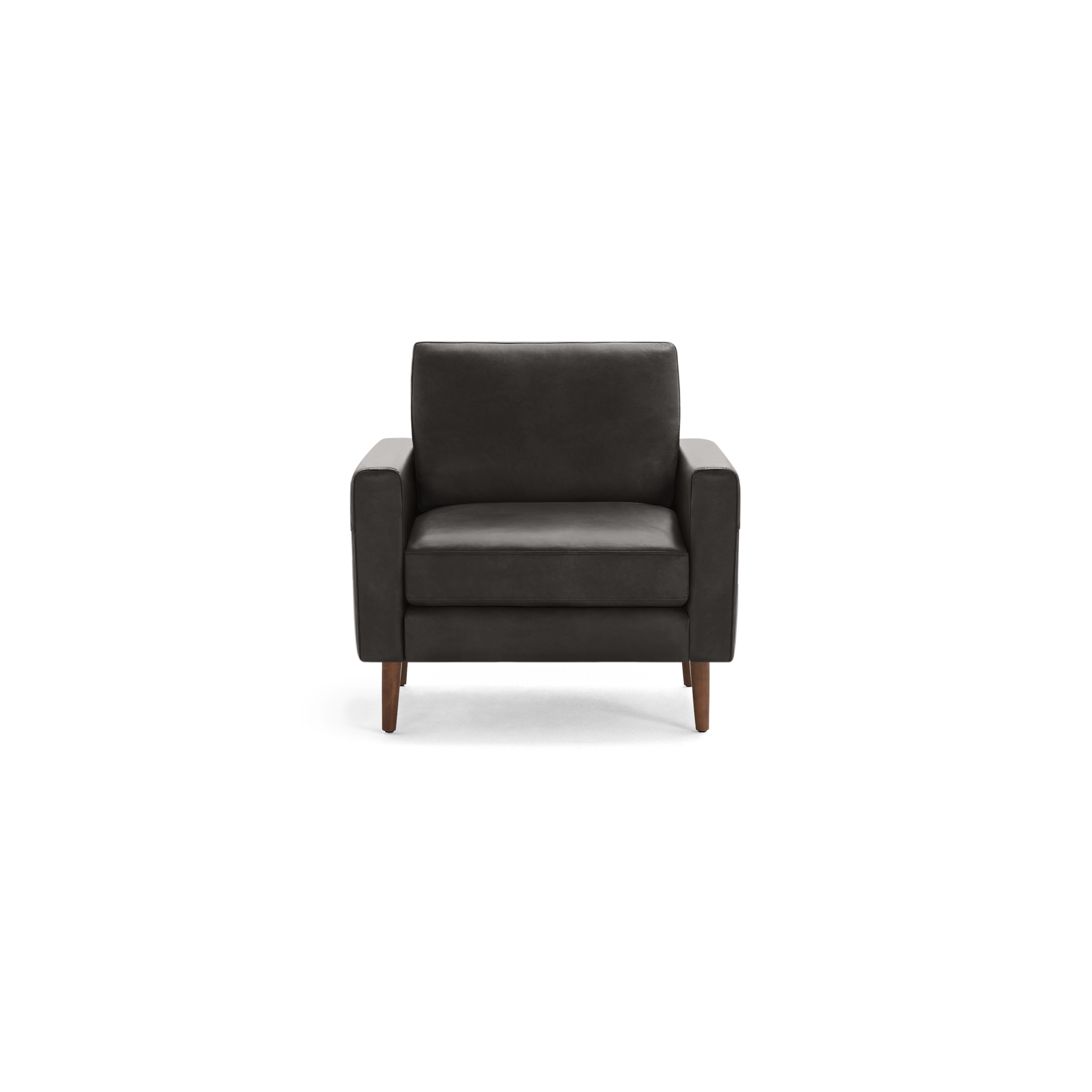Modern dark gray upholstered armchair with wooden legs, featuring a cushioned seat, backrest, and squared armrests.