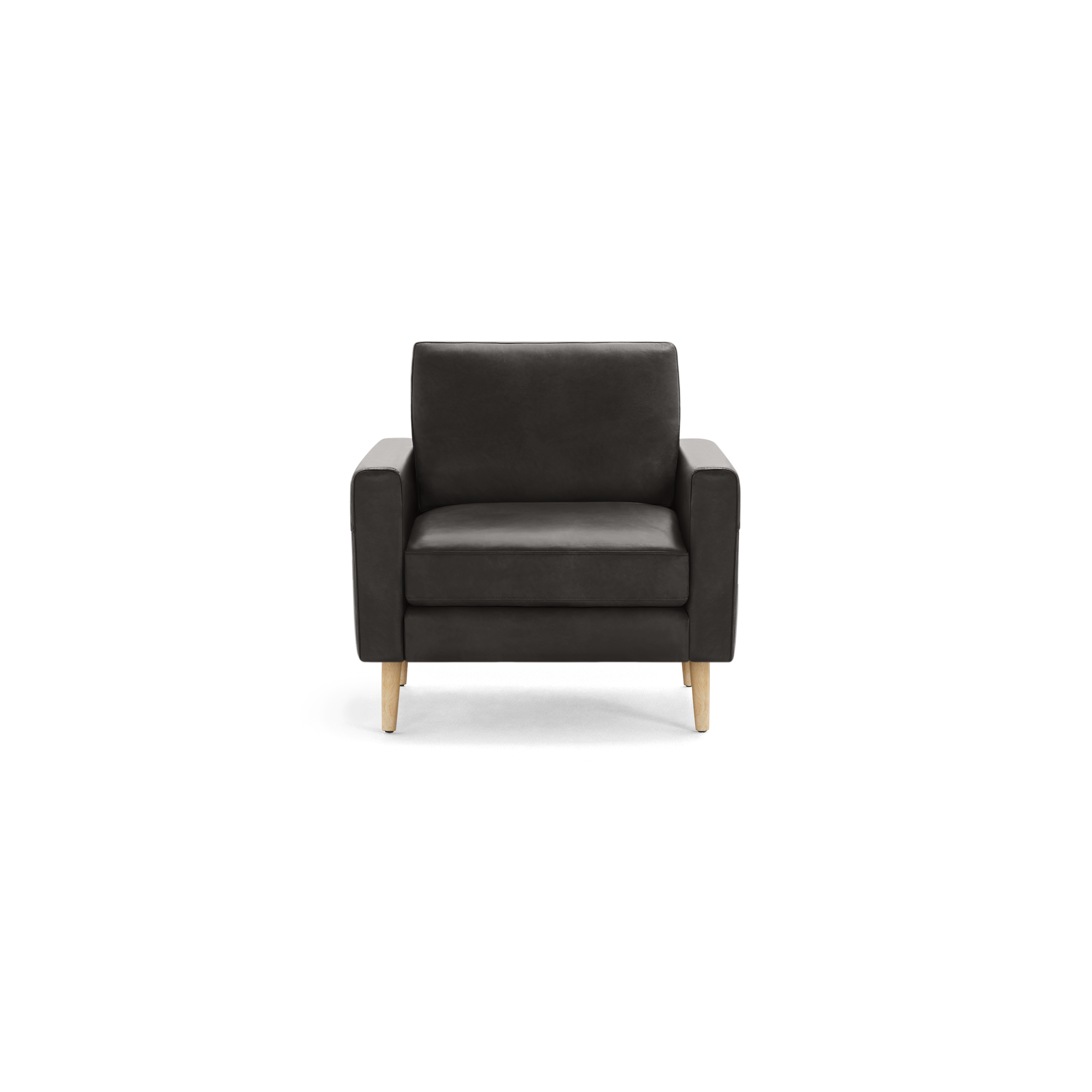 Modern dark gray upholstered armchair with clean lines and light wooden legs, shown against a black background.