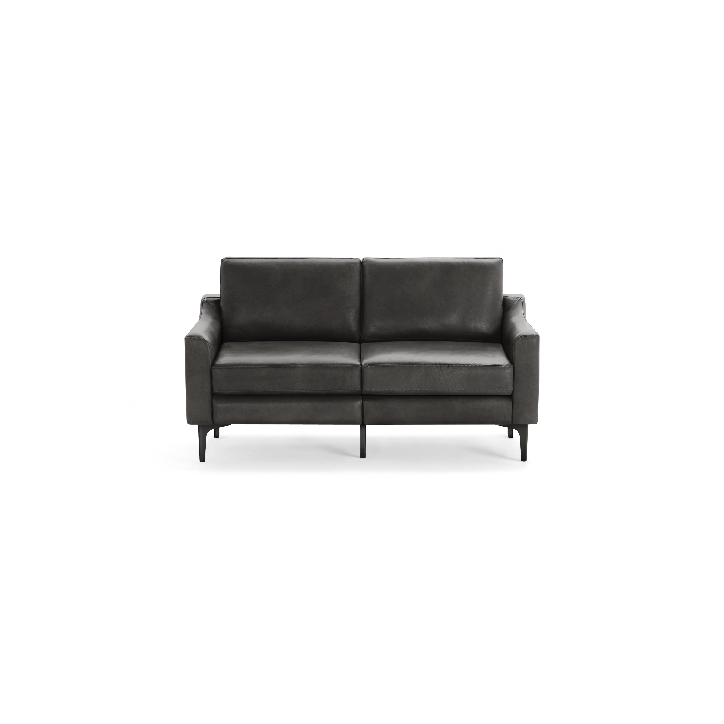 Modern dark gray leather two-seater sofa with straight arms and black metal legs, shown on a transparent background.