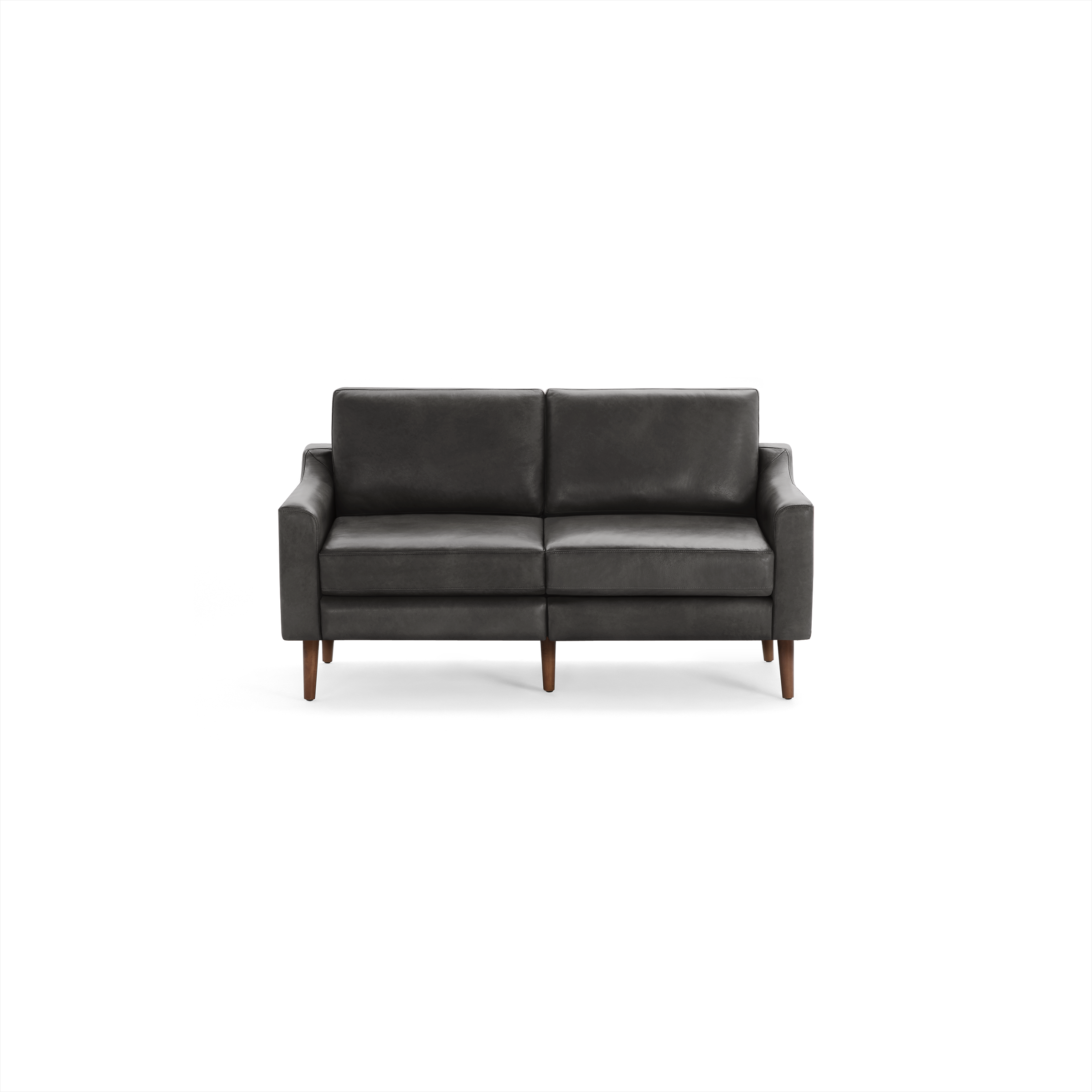 Dark gray leather two-seater sofa with clean-lined cushions and wooden tapered legs, modern and minimalist design.