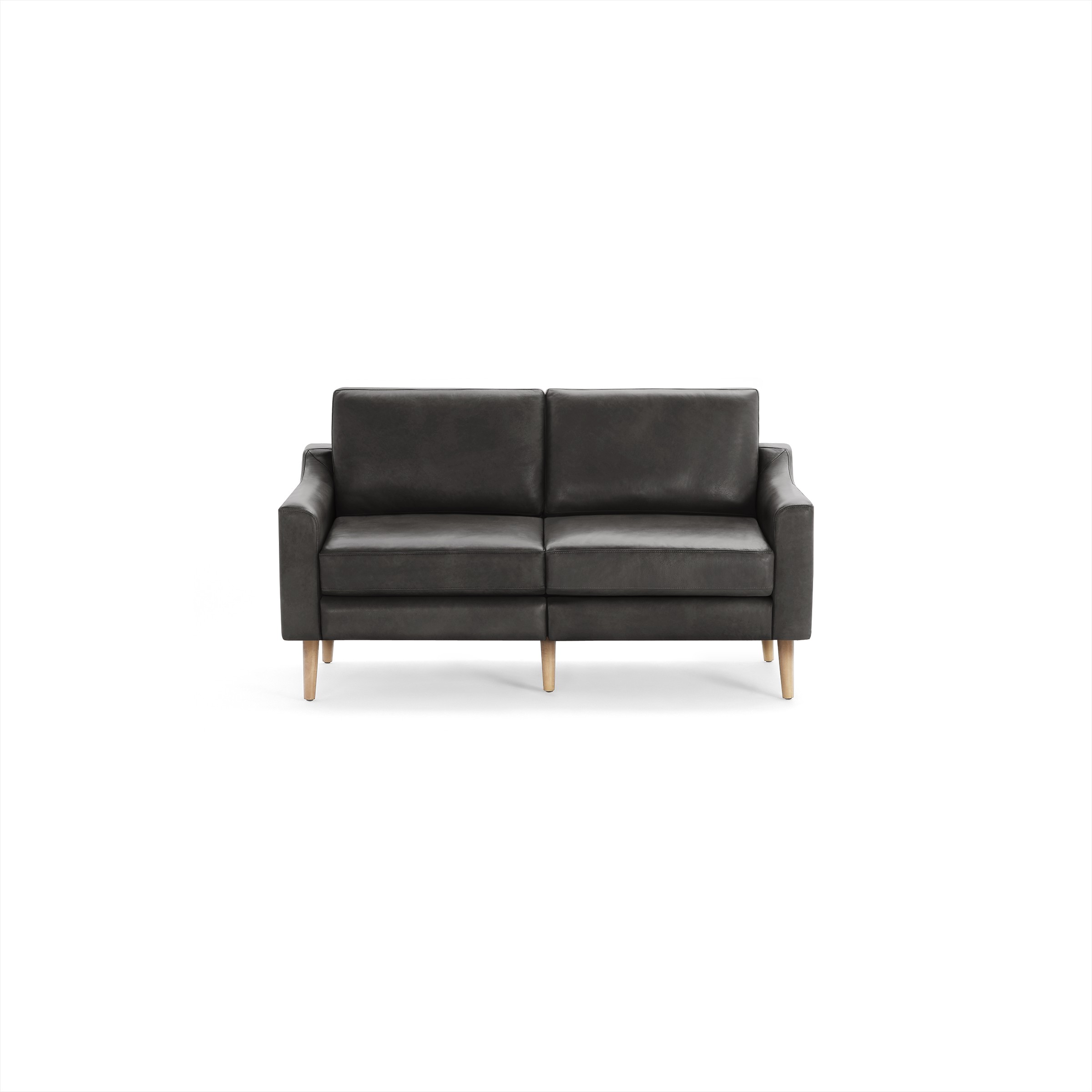 Dark gray leather two-seater sofa with straight arms and light wooden legs, modern and minimalist design.