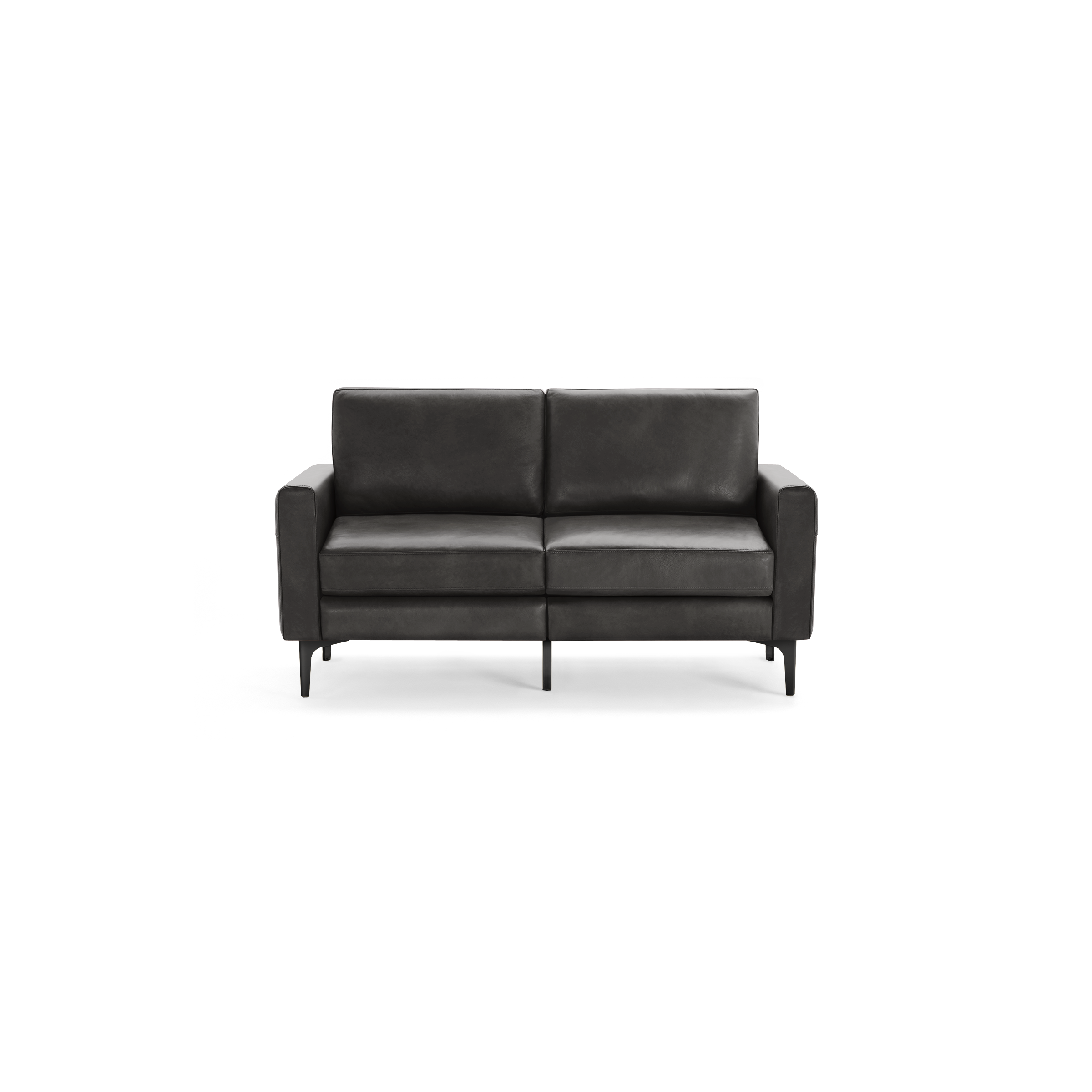 Modern two-seater sofa in dark gray leather with slim armrests and metal legs against a white background.