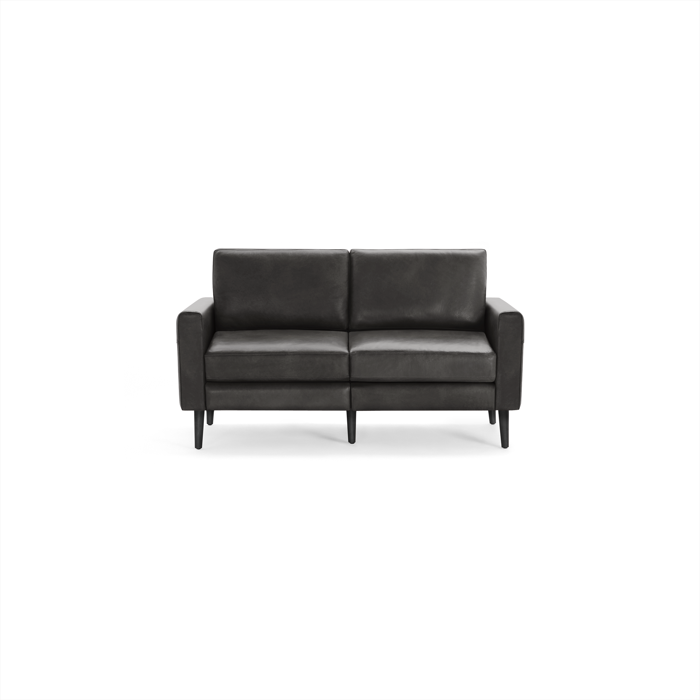 Modern two-seater black leather sofa with clean lines, cushioned backrest, armrests, and four tapered wooden legs.