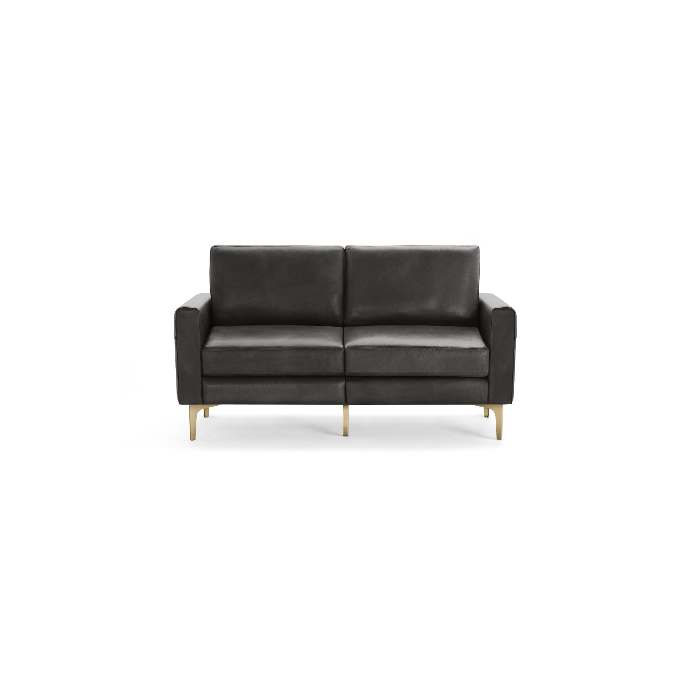 Modern two-seater sofa in dark gray leather with clean lines, square armrests, and gold metal legs on black background.