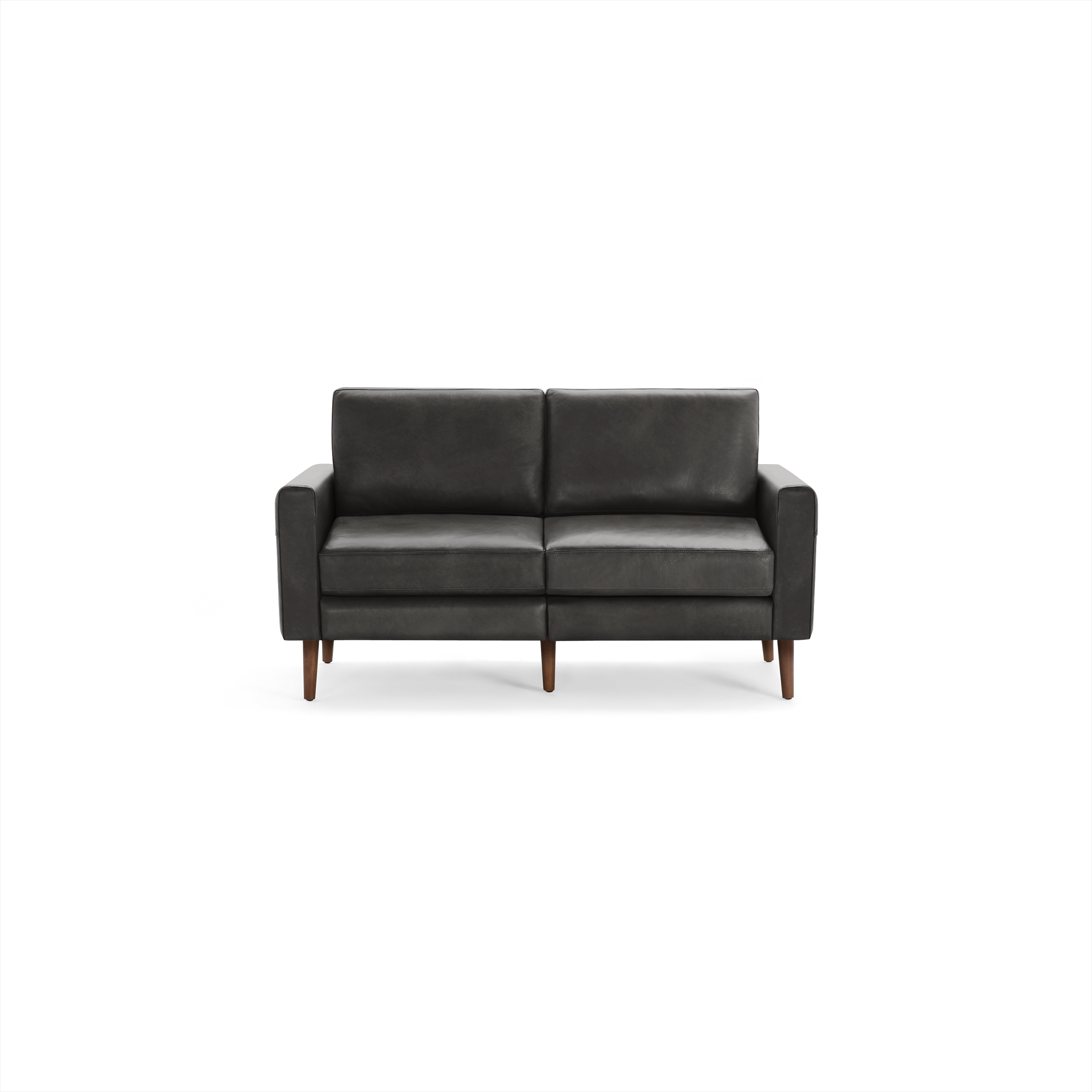 Dark gray leather two-seater sofa with square arms and wooden legs, modern and minimalist design.
