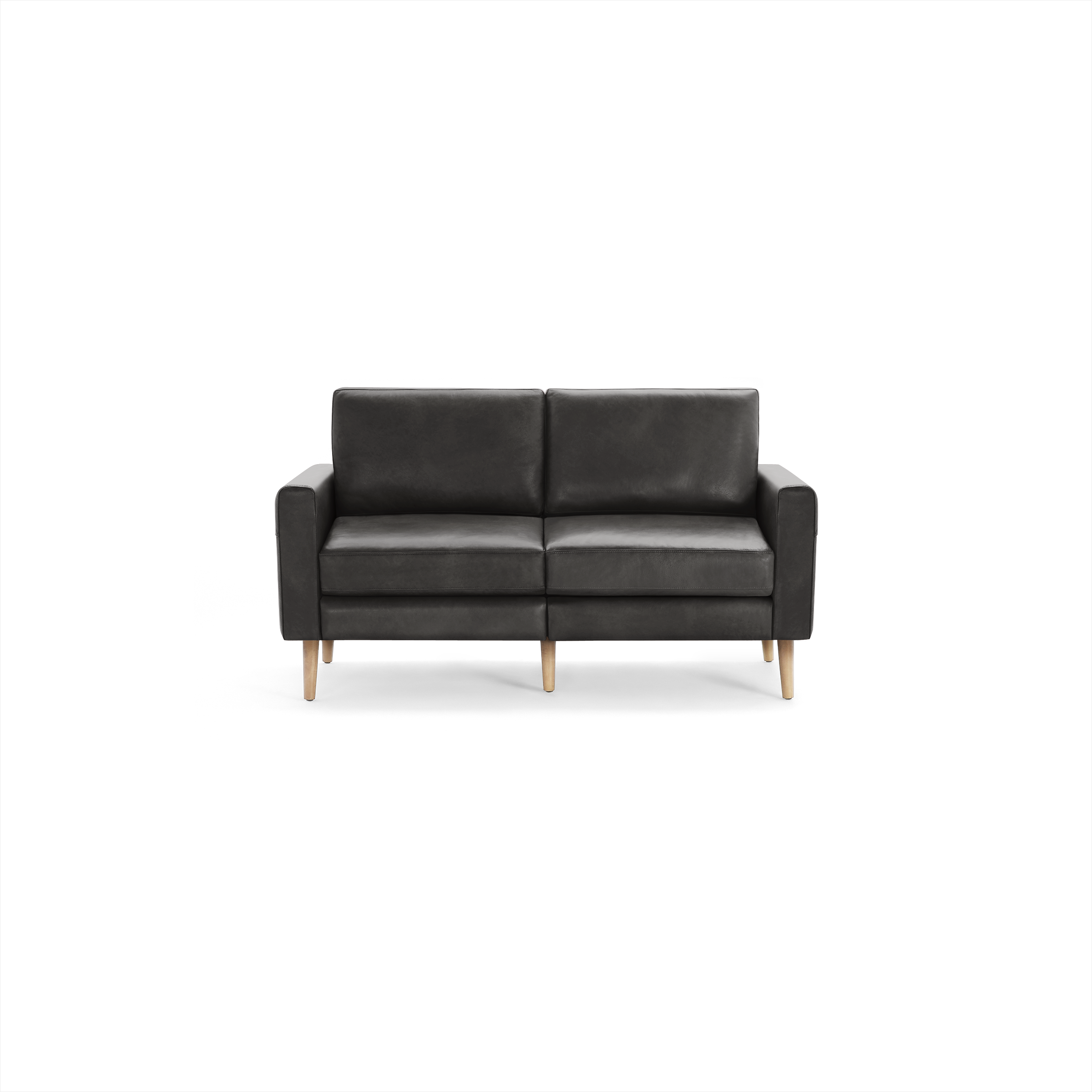 Modern dark gray leather two-seater sofa with straight arms and exposed light wooden legs on a white background.