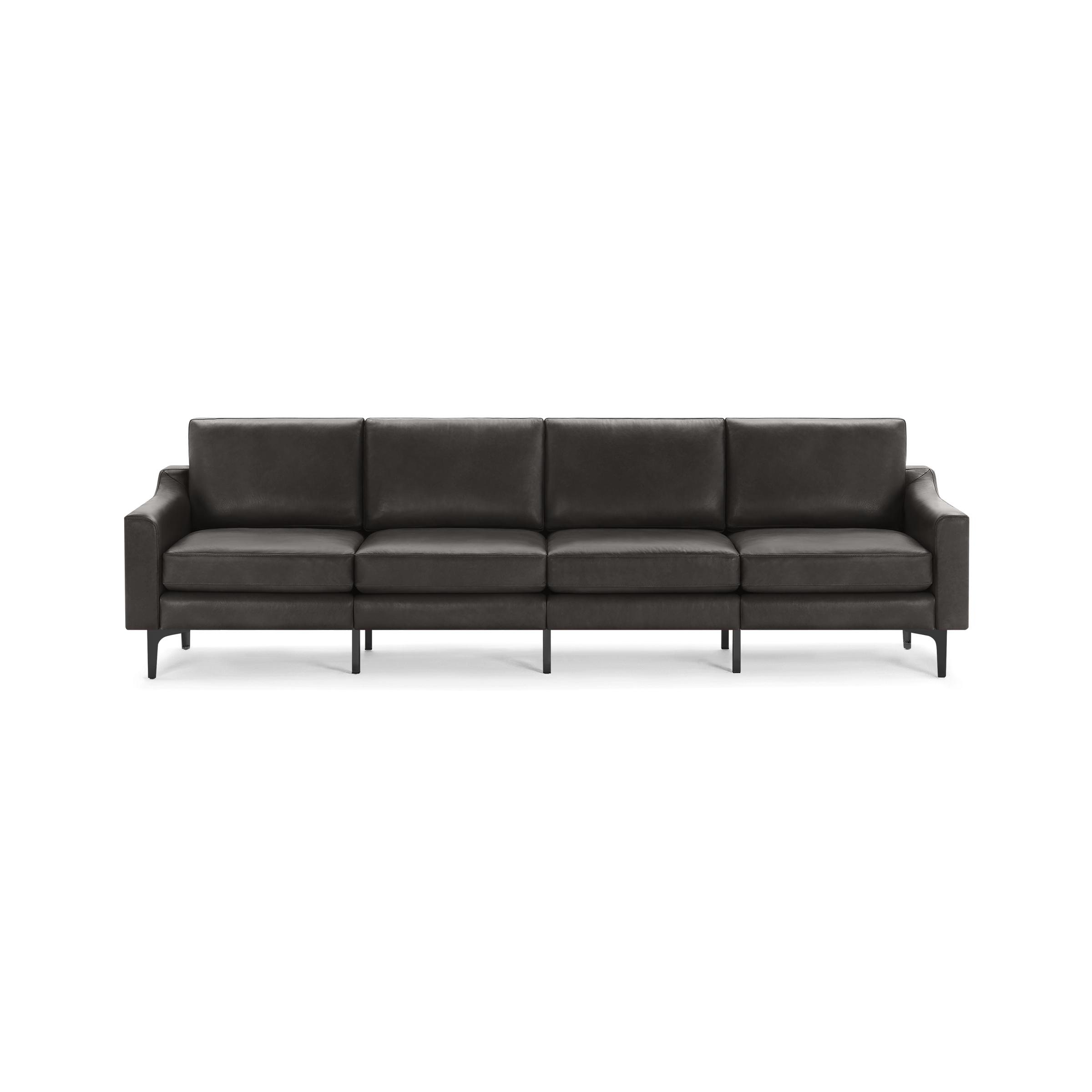 Modern dark gray leather four-seater sofa with clean lines, cushioned seats, and slim black legs, isolated on black background.