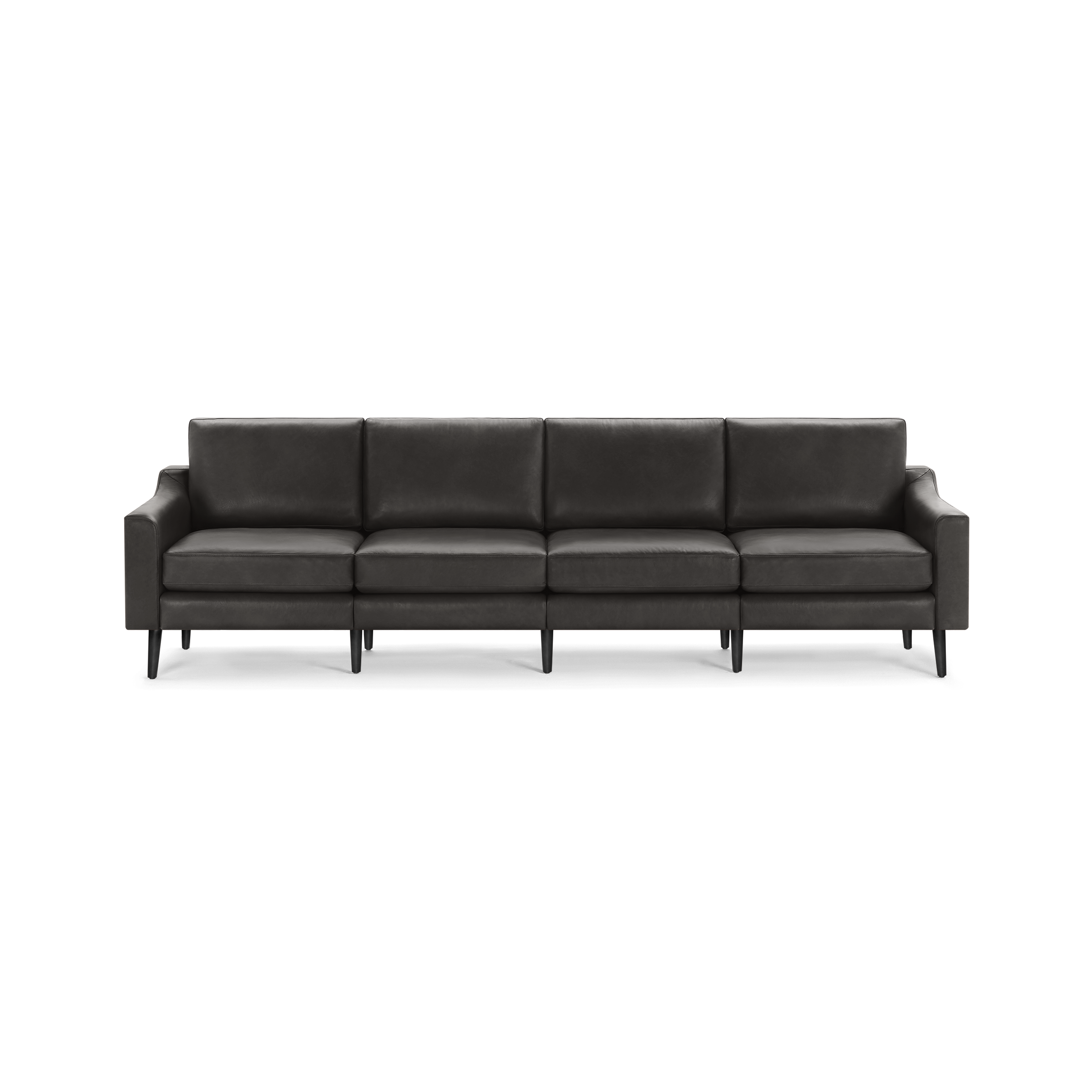 Modern black leather four-seater sofa with straight armrests and black tapered legs, featuring cushioned back and seat panels.