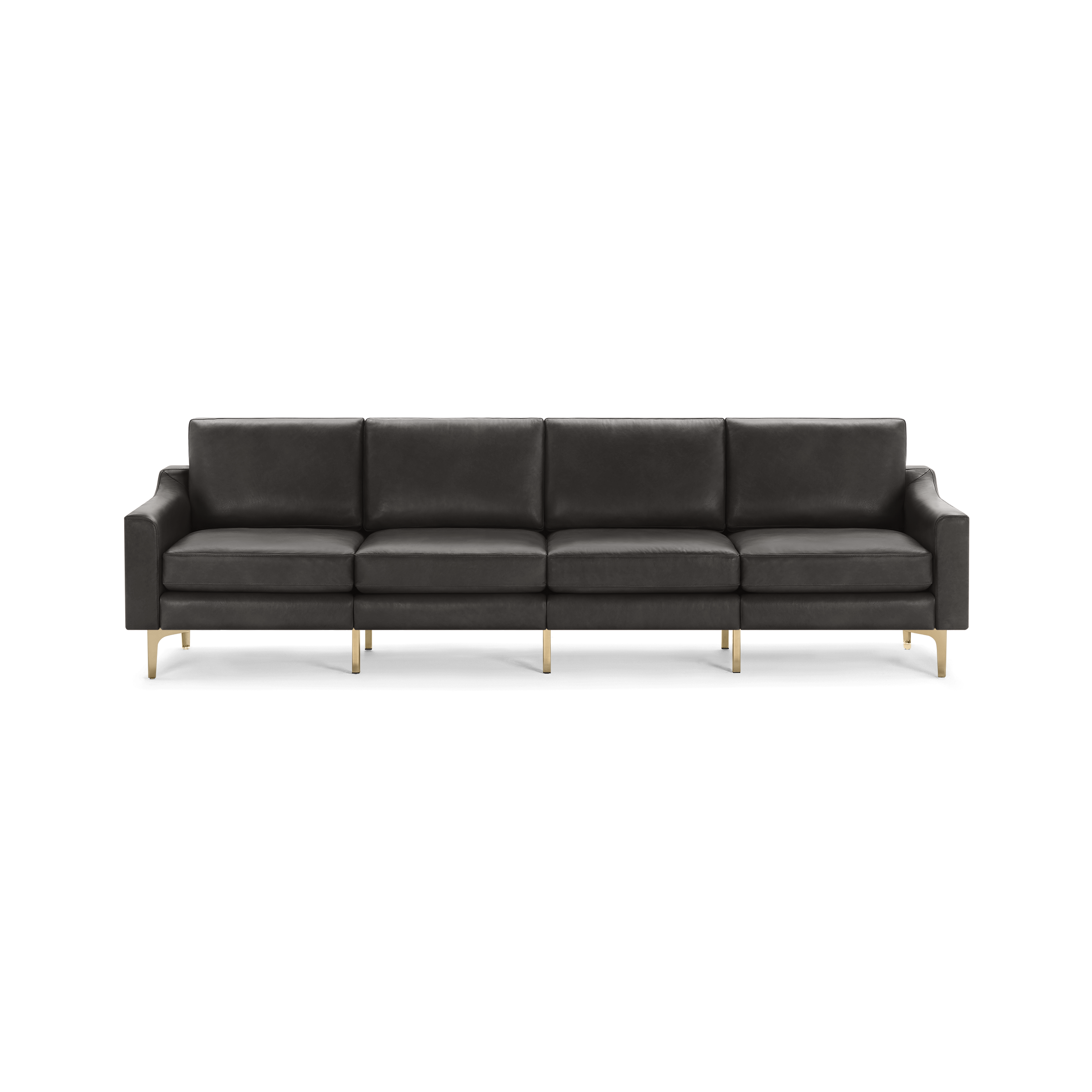 Modern dark gray leather sofa with four cushioned seats and sleek gold metal legs against transparent background.